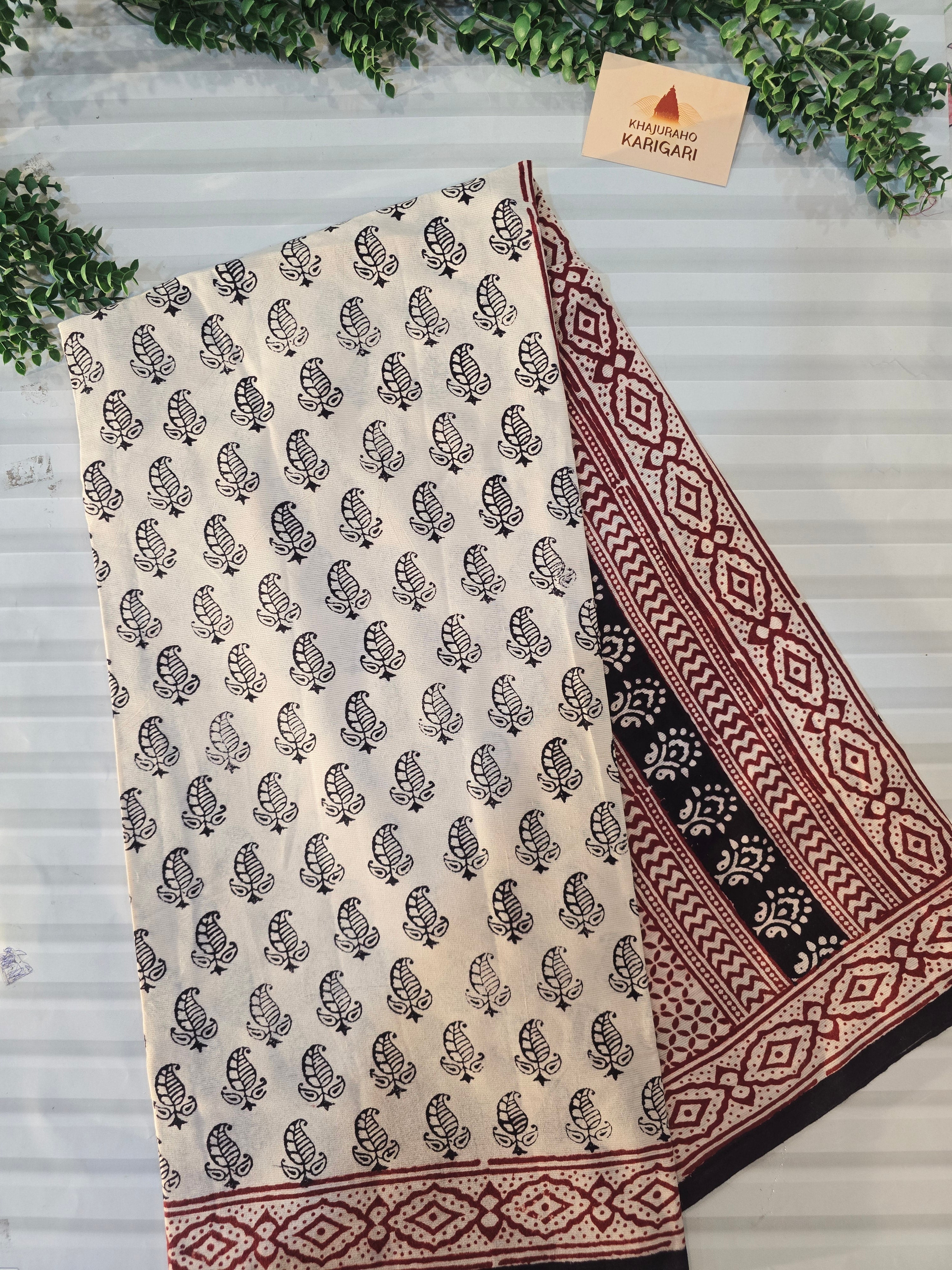 Bagh Hand Block Print Mul Cotton Saree – White