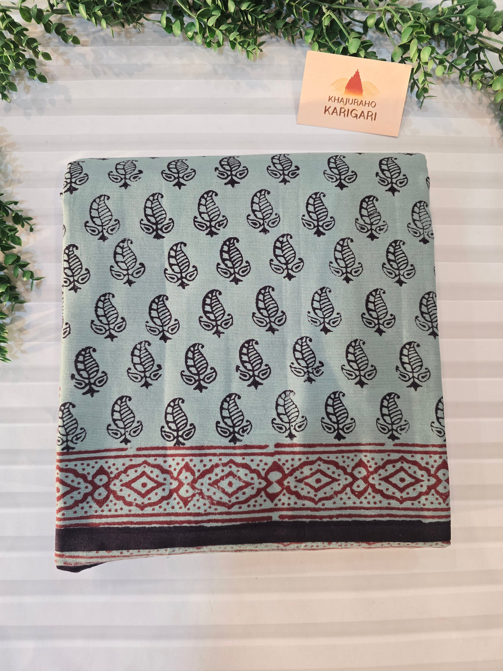 Bagh Hand Block Print Mul Cotton Saree – Powder Blue and Maroon