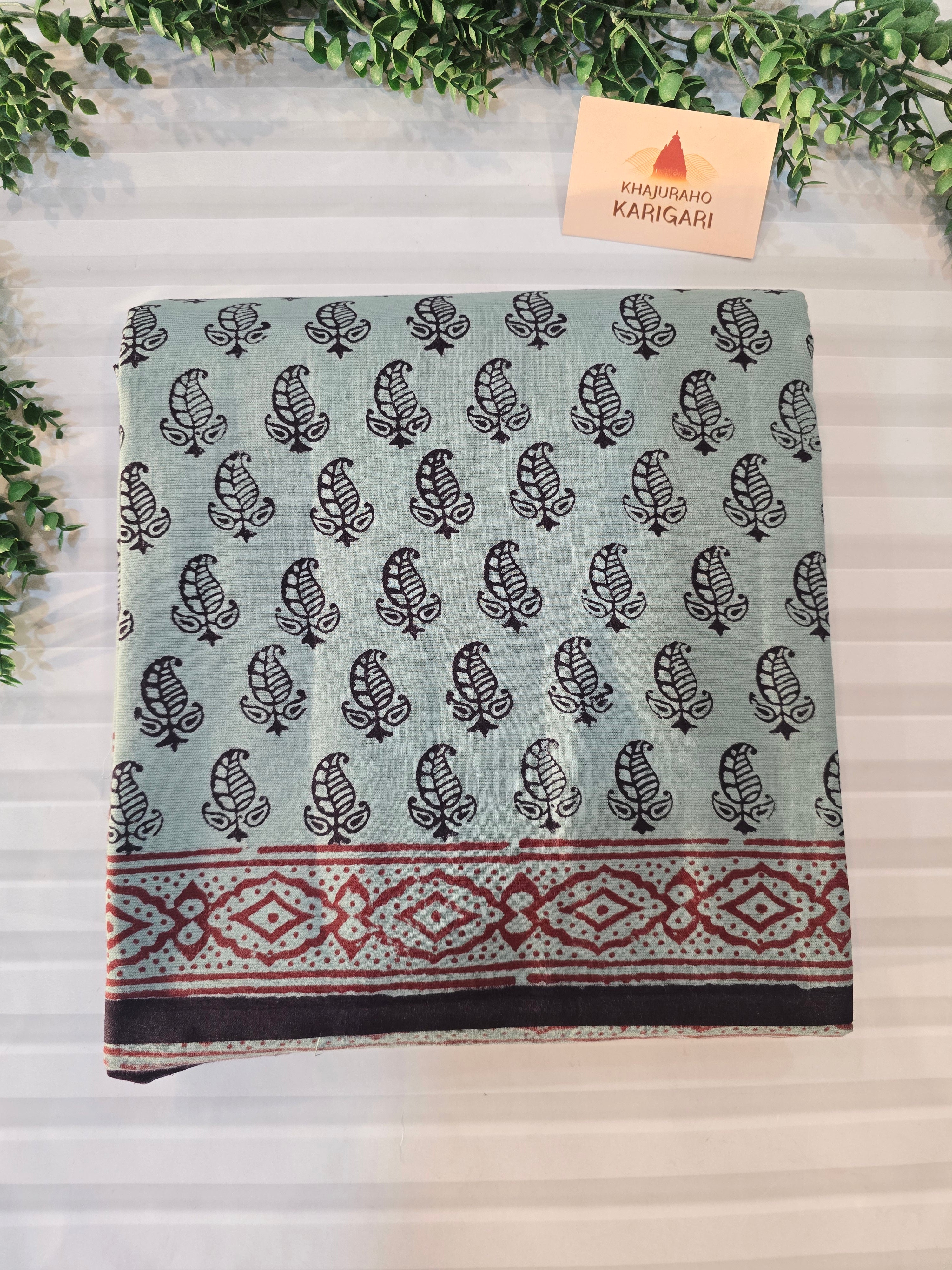 Bagh Hand Block Print Mul Cotton Saree – Powder Blue and Maroon