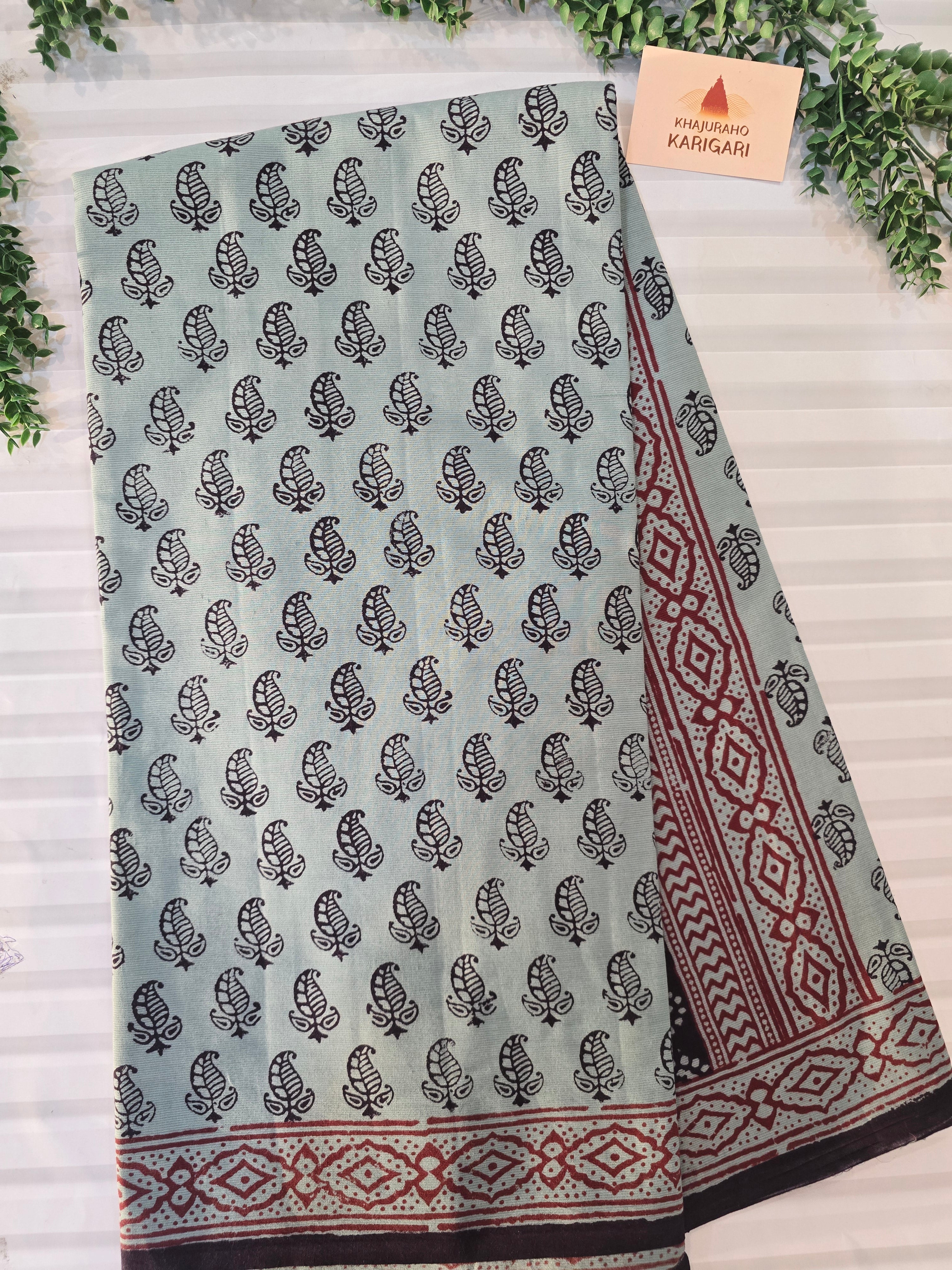 Bagh Hand Block Print Mul Cotton Saree – Powder Blue and Maroon