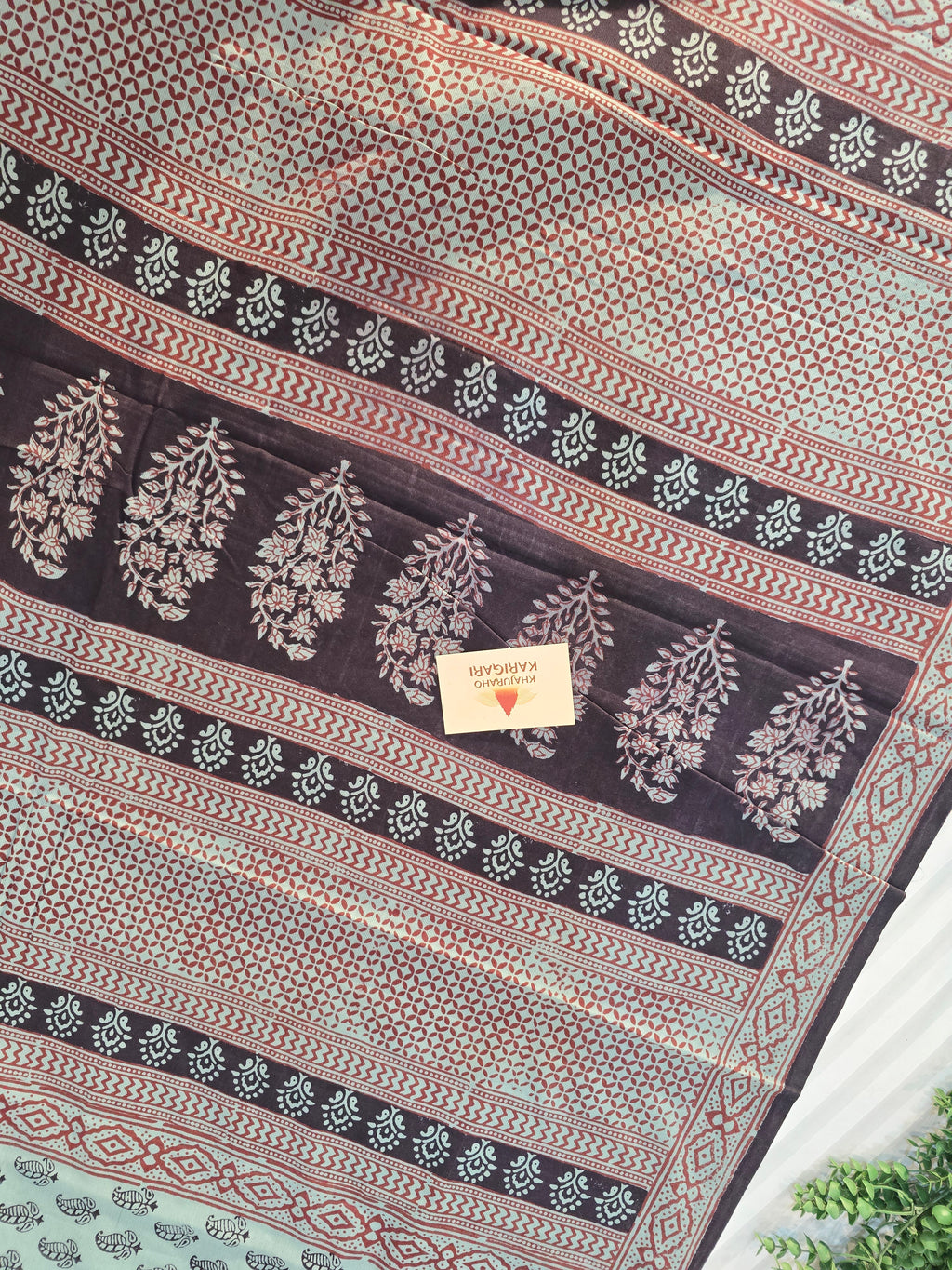 Bagh Hand Block Print Mul Cotton Saree – Powder Blue and Maroon