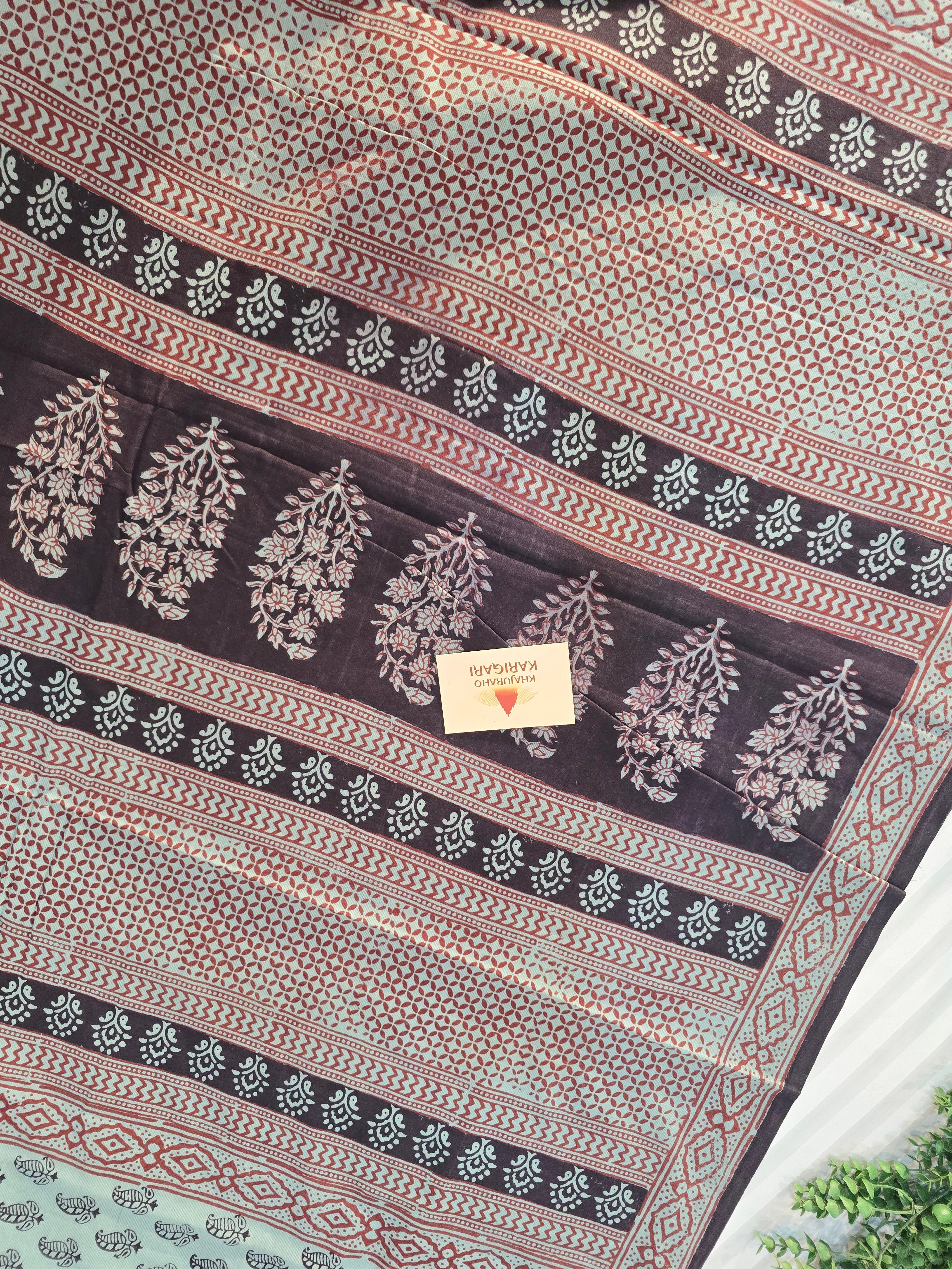 Bagh Hand Block Print Mul Cotton Saree – Powder Blue and Maroon