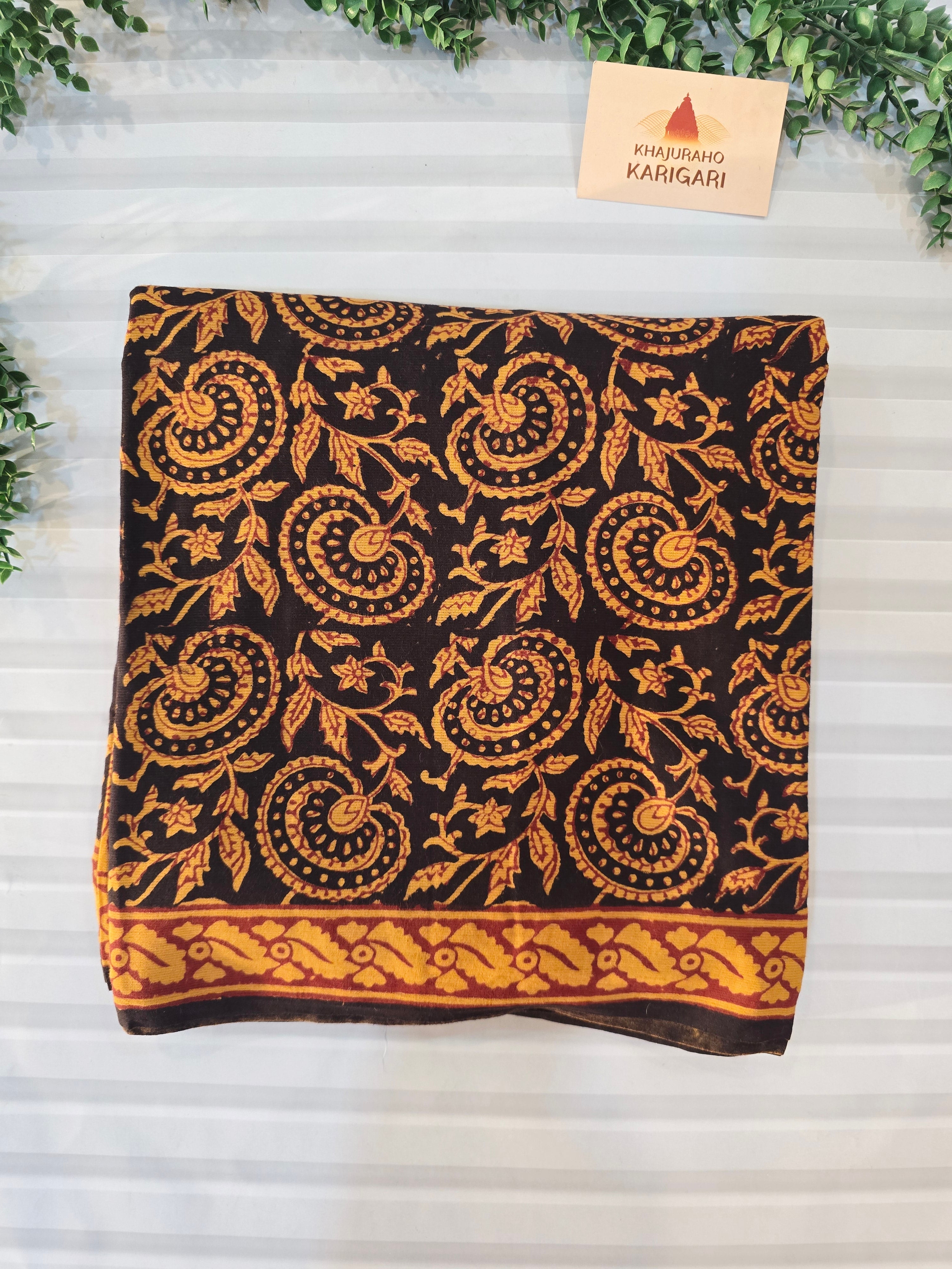 Bagh cotton Bagh Hand Block Print Mul Cotton Saree – Black and Yellow Floral