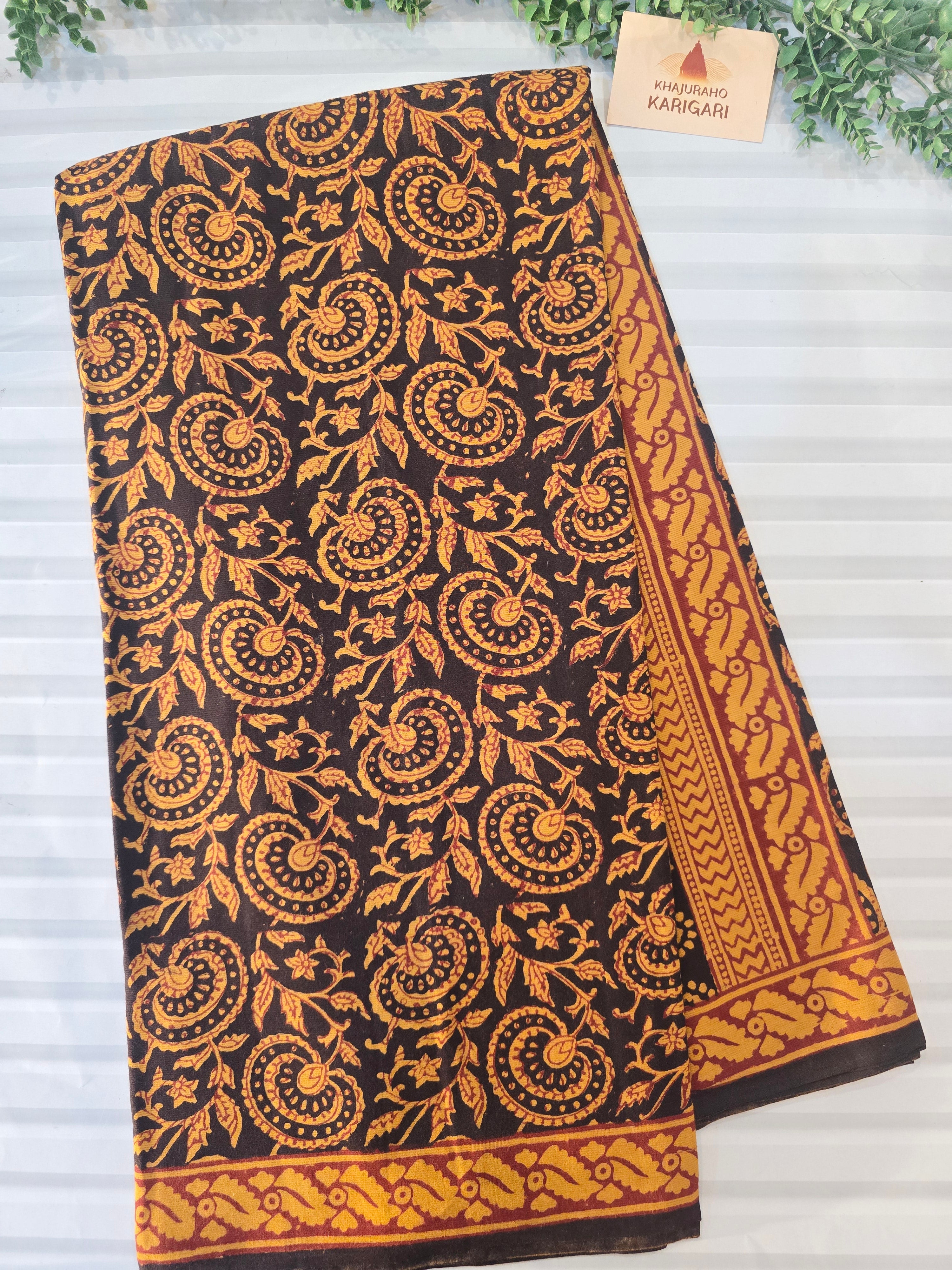Bagh cotton Bagh Hand Block Print Mul Cotton Saree – Black and Yellow Floral