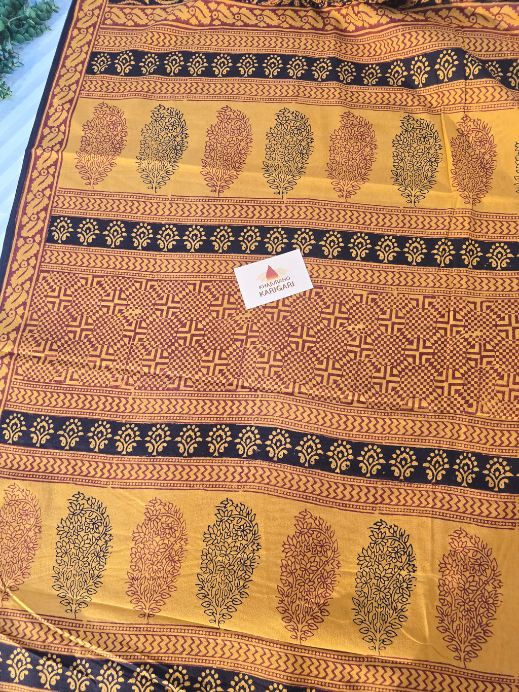 Bagh cotton Bagh Hand Block Print Mul Cotton Saree – Black and Yellow Floral