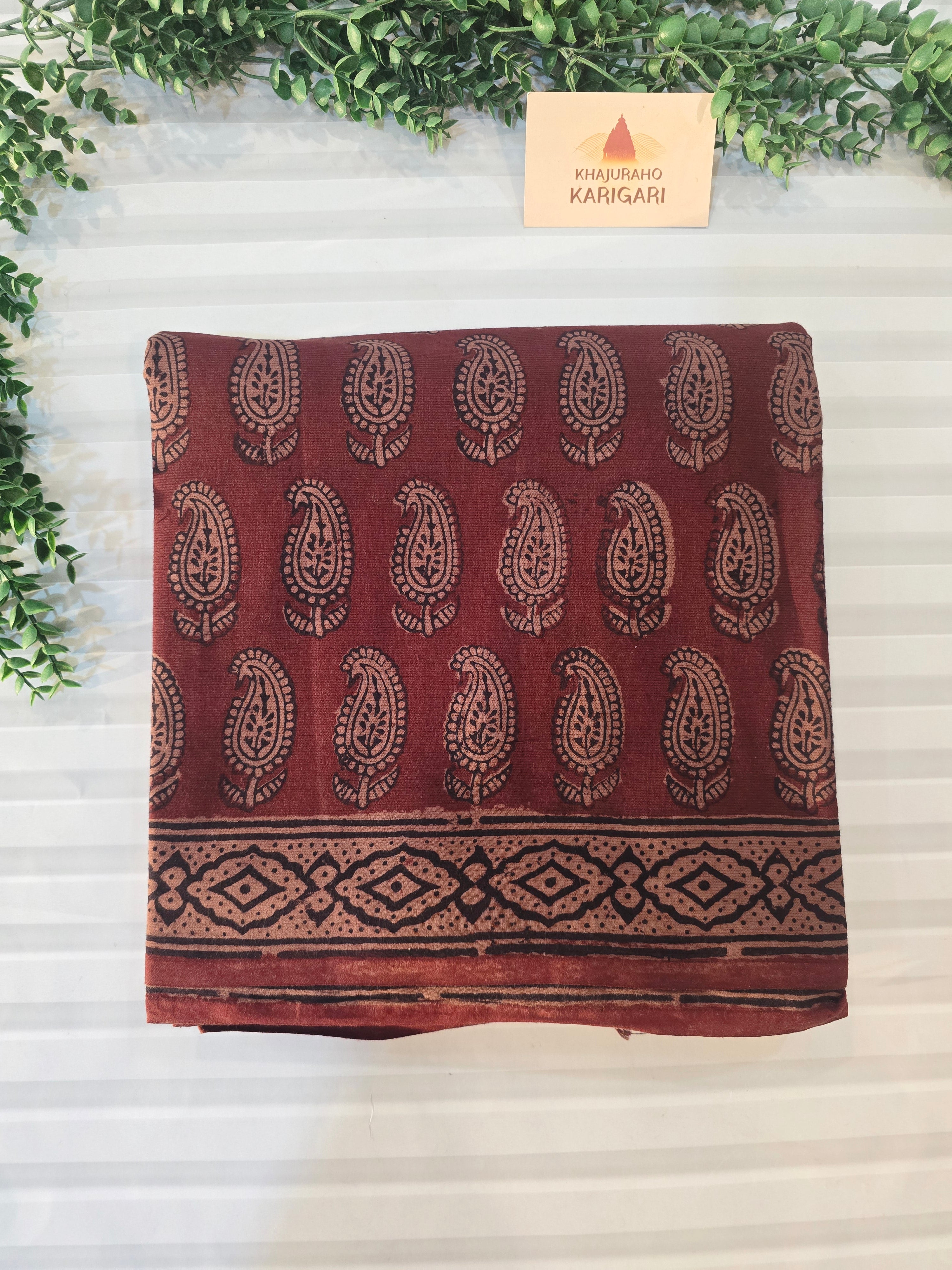 Bagh Hand Block Print Mul Cotton Saree – Rust Brown with Black