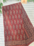 Bagh Hand Block Print Mul Cotton Saree – Rust Brown with Black