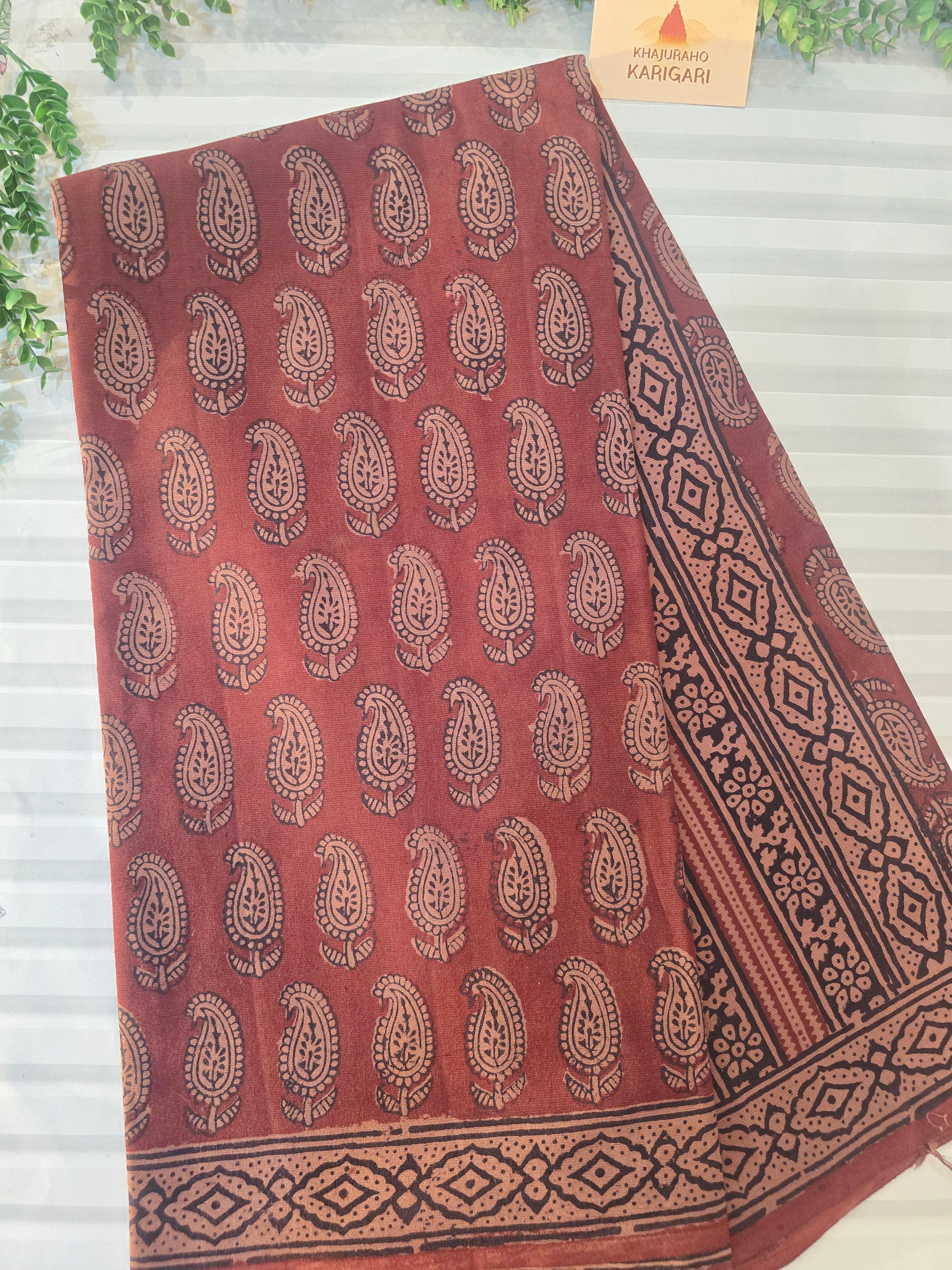 Bagh Hand Block Print Mul Cotton Saree – Rust Brown with Black