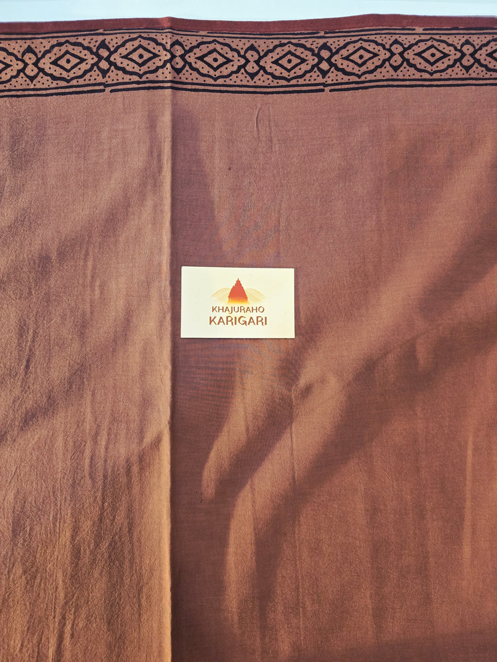 Bagh Hand Block Print Mul Cotton Saree – Rust Brown with Black