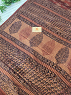 Bagh Hand Block Print Mul Cotton Saree – Rust Brown with Black