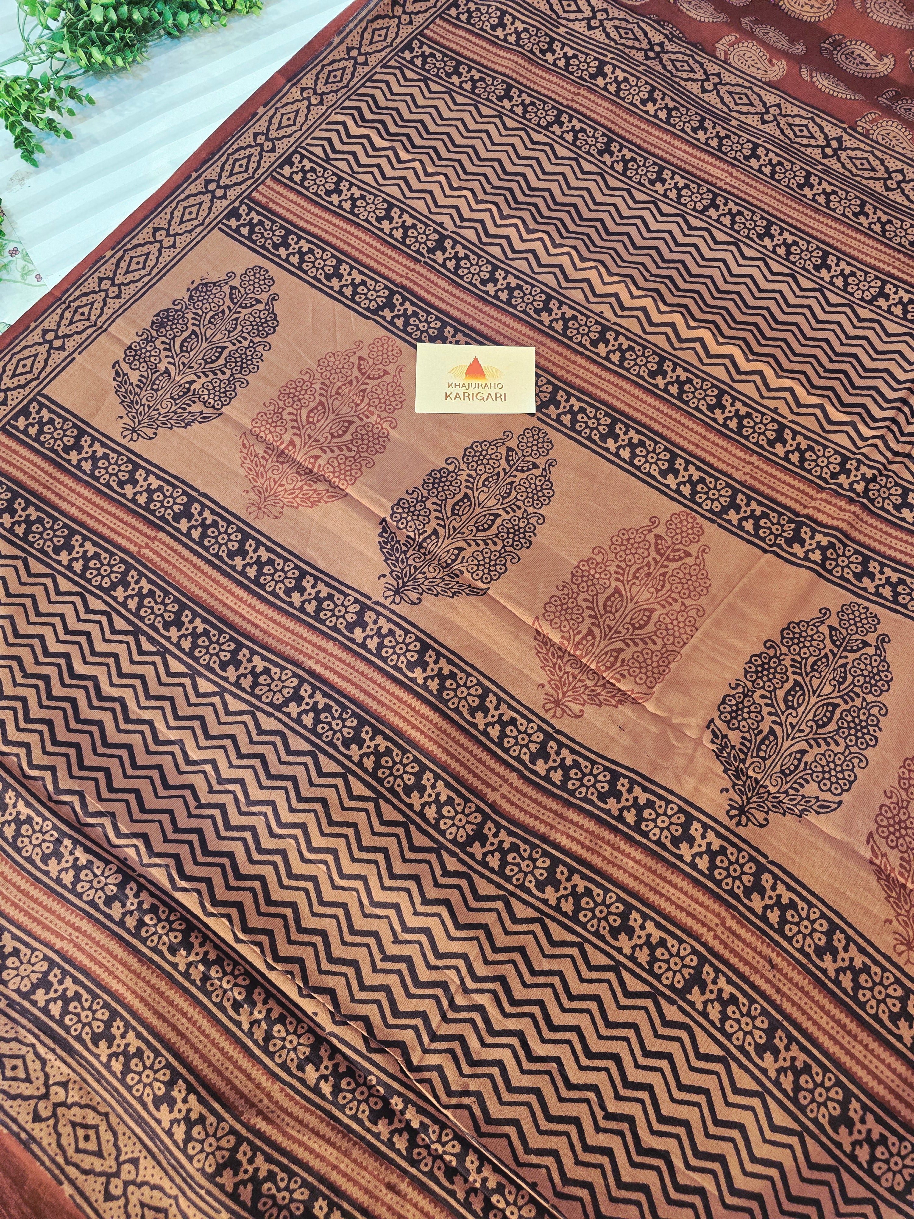 Bagh Hand Block Print Mul Cotton Saree – Rust Brown with Black