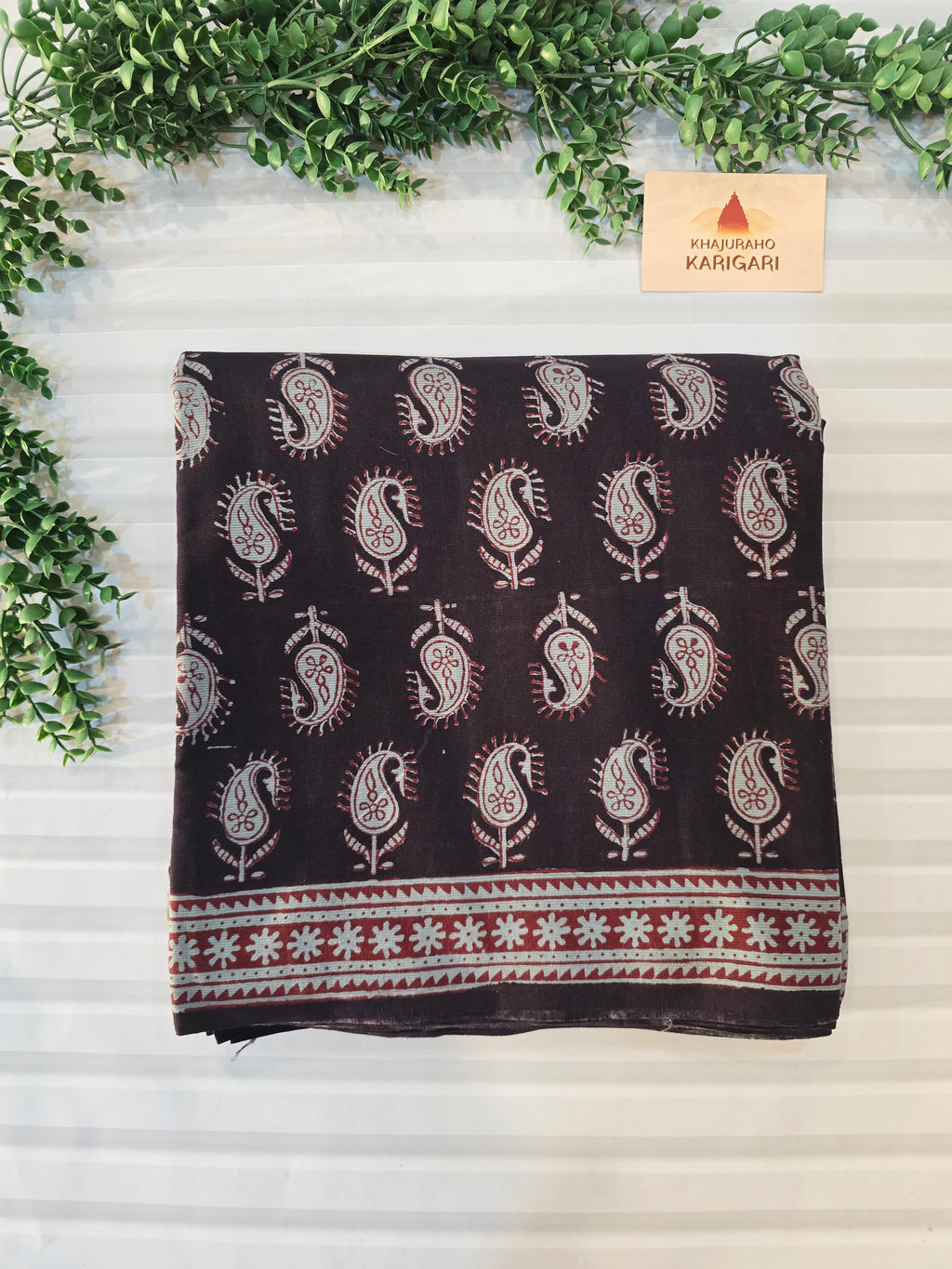 Bagh Hand Block Print Mul Cotton Saree – Black and Powder Blue