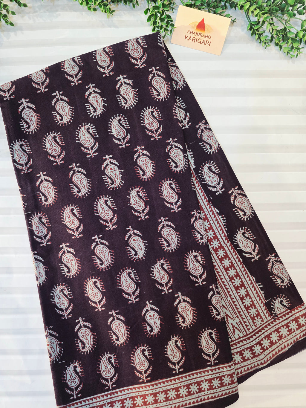 Bagh Hand Block Print Mul Cotton Saree – Black and Powder Blue