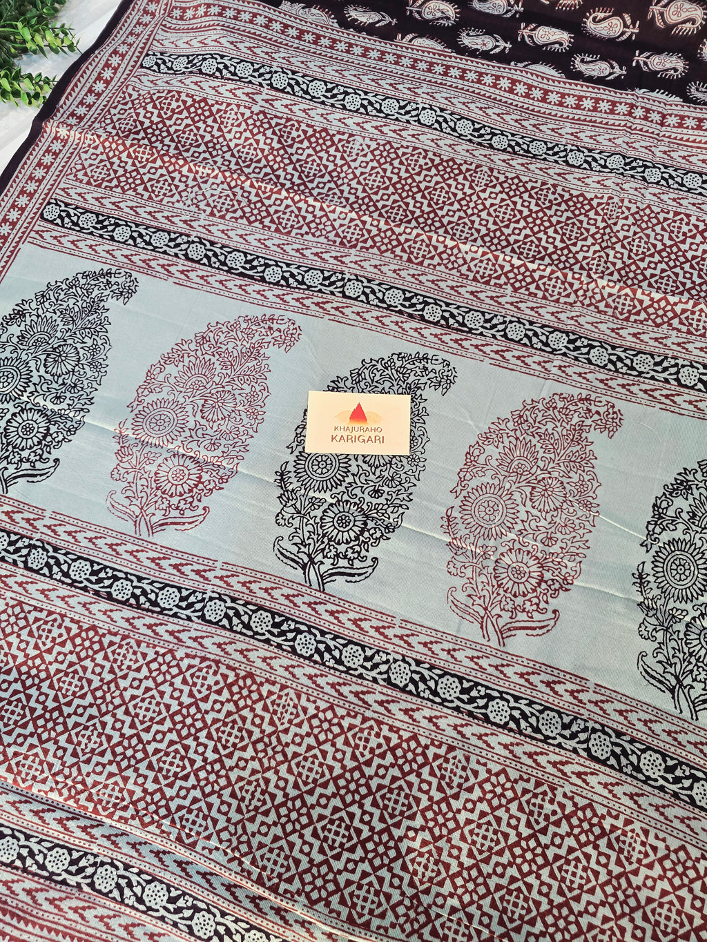Bagh Hand Block Print Mul Cotton Saree – Black and Powder Blue