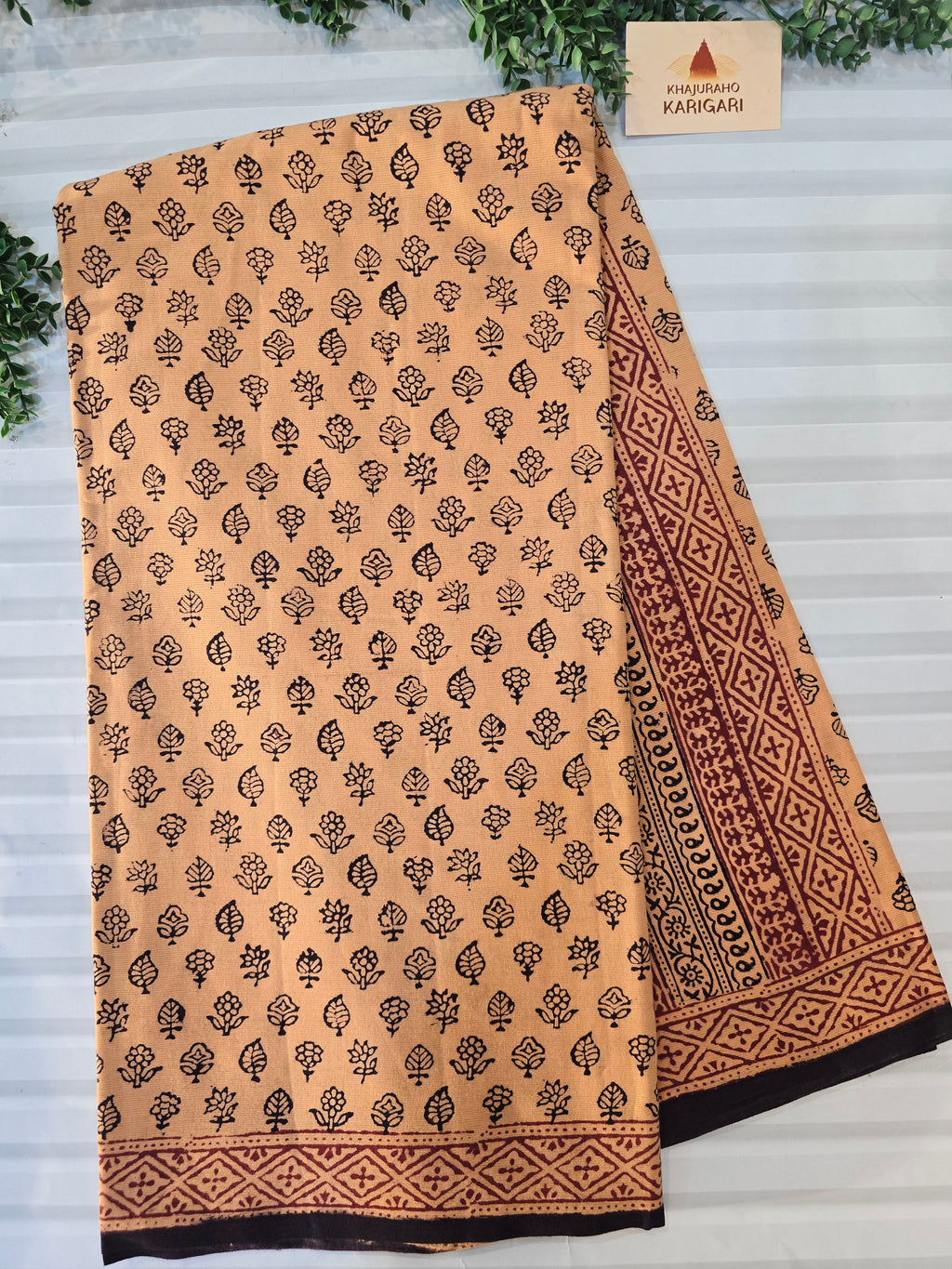 Bagh Hand Block Print Mul Cotton Saree – Peach Beige