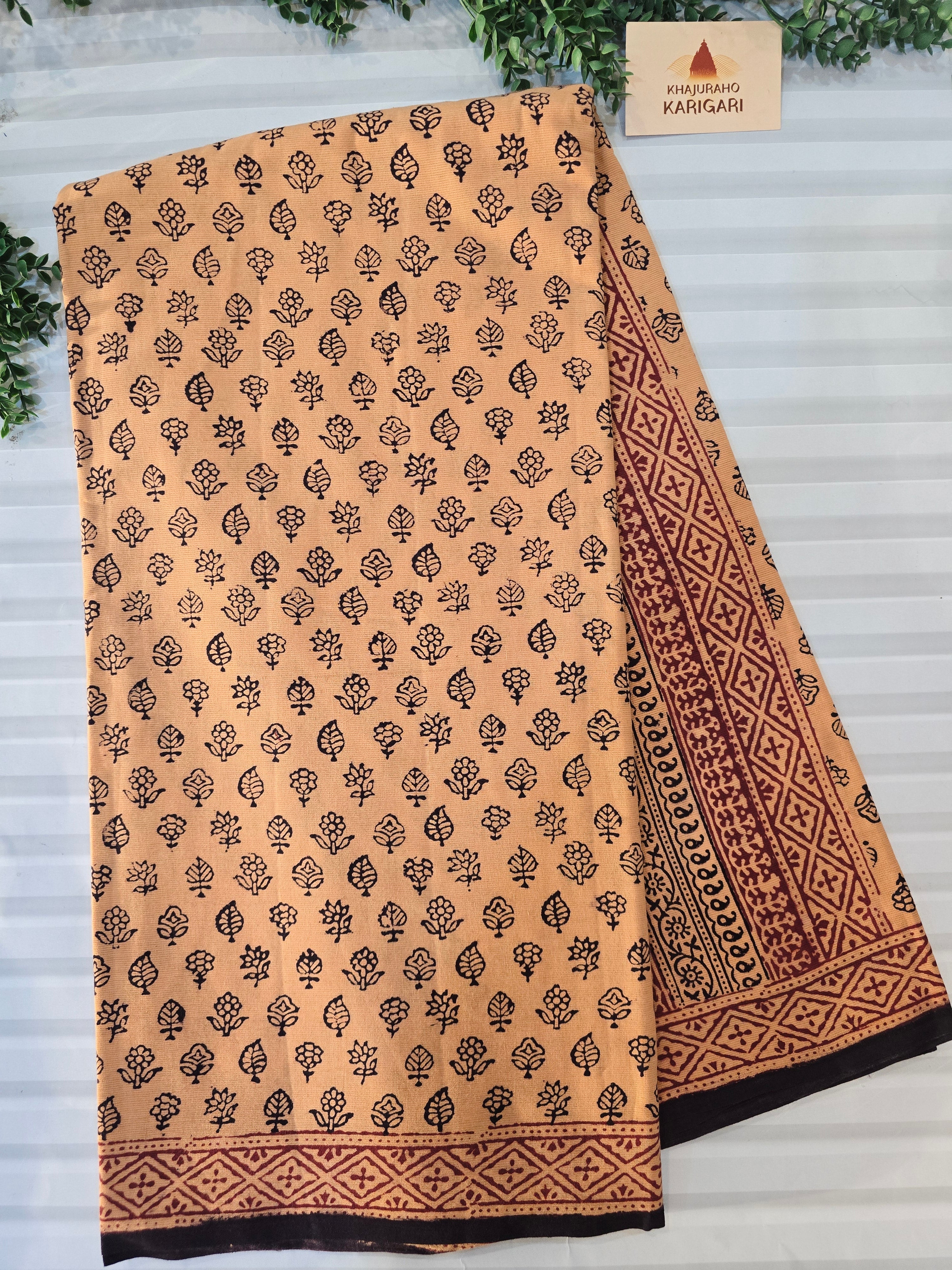 Bagh Hand Block Print Mul Cotton Saree – Peach Beige