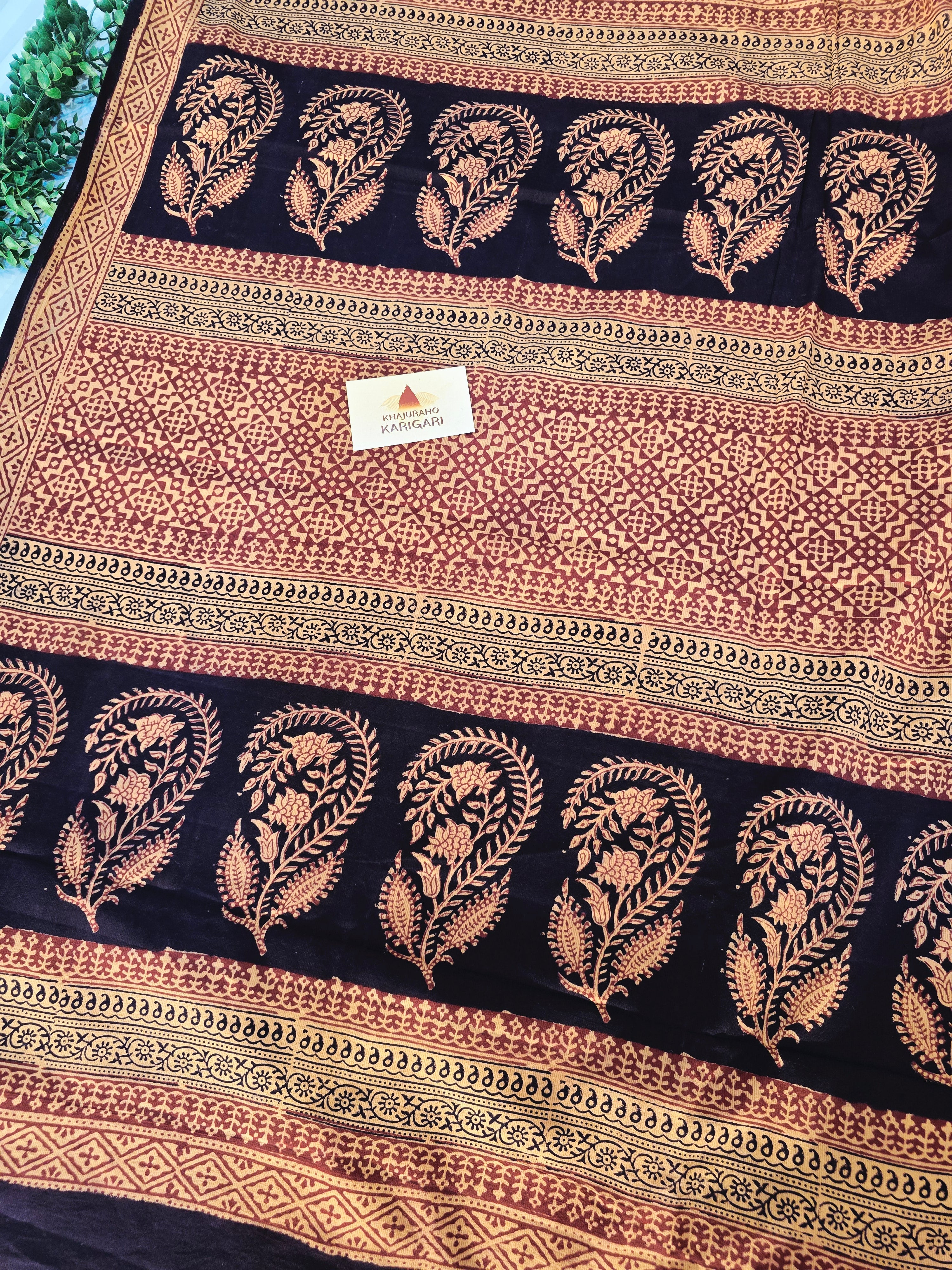 Bagh Hand Block Print Mul Cotton Saree – Peach Beige