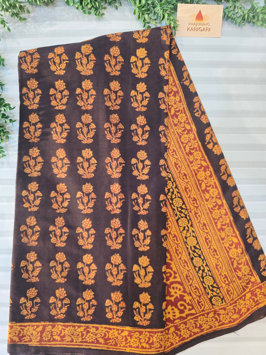 Bagh Hand Block Print Mul Cotton Saree – Black and Yellow