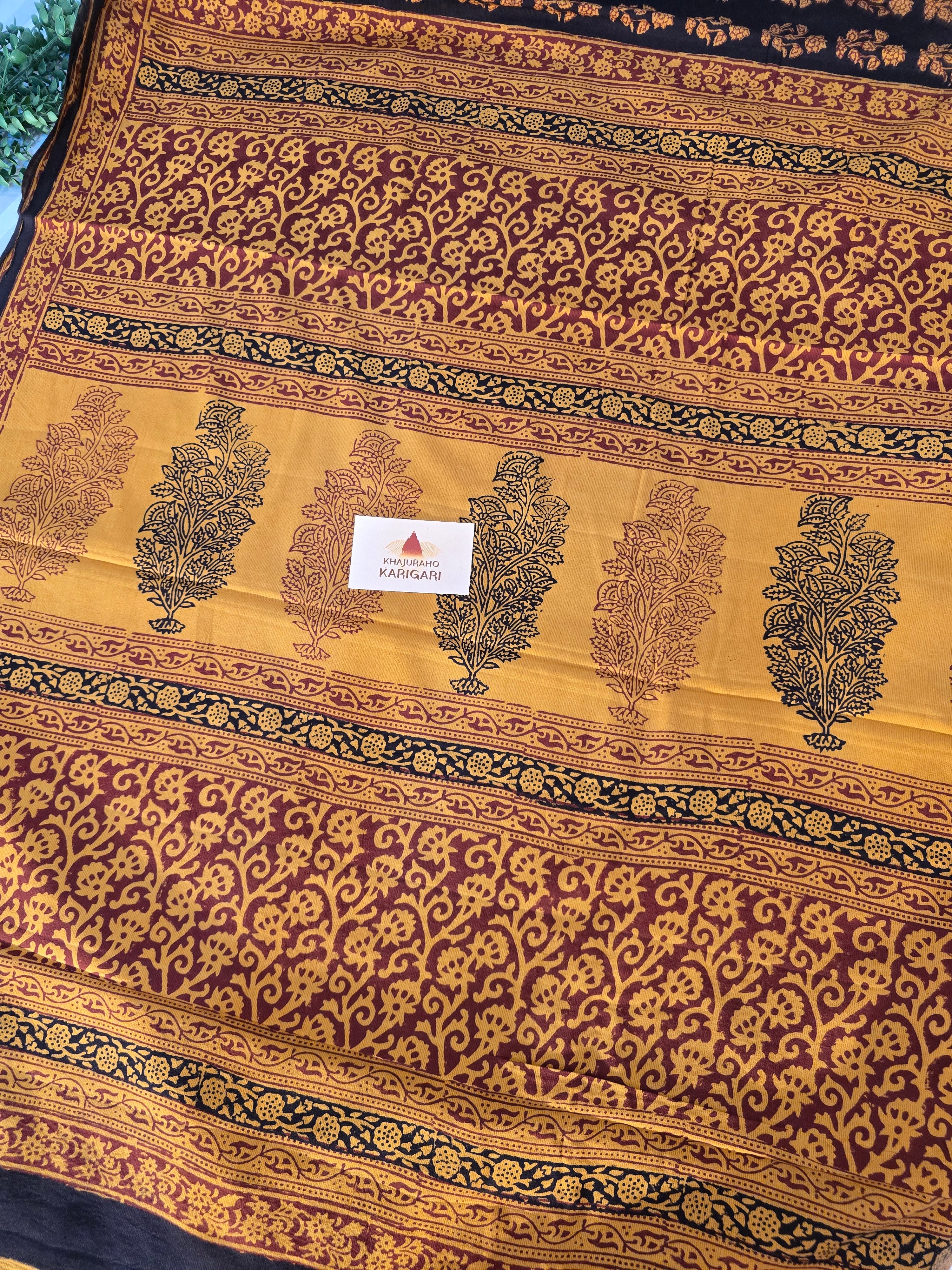 Bagh Hand Block Print Mul Cotton Saree – Black and Yellow