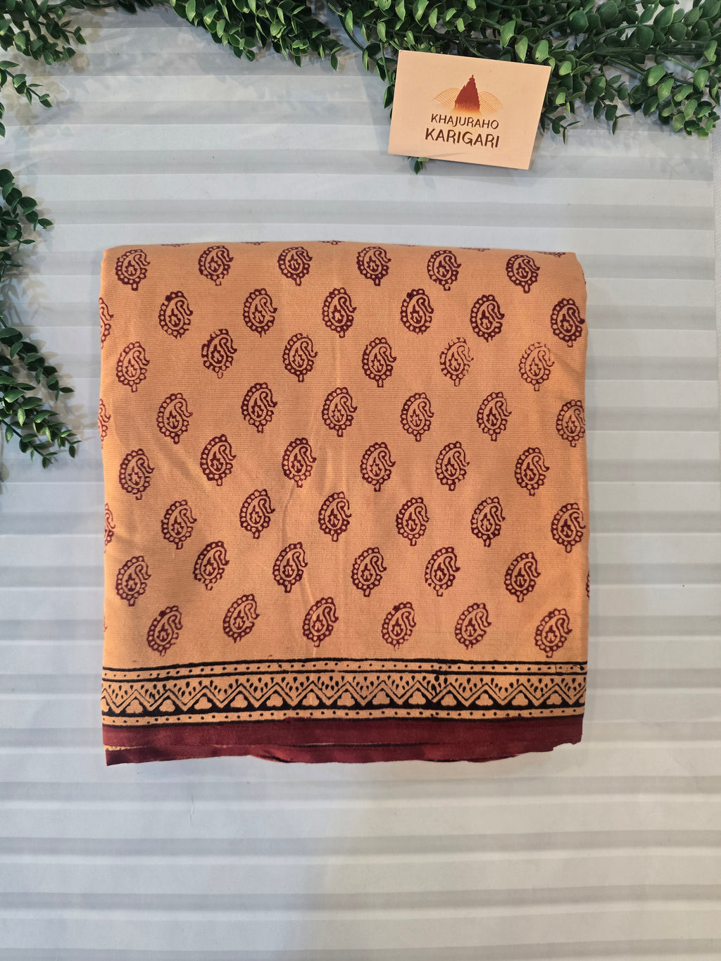 Bagh Hand Block Print Mul Cotton Saree in Pastel Orange with Maroon Paisley Motifs
