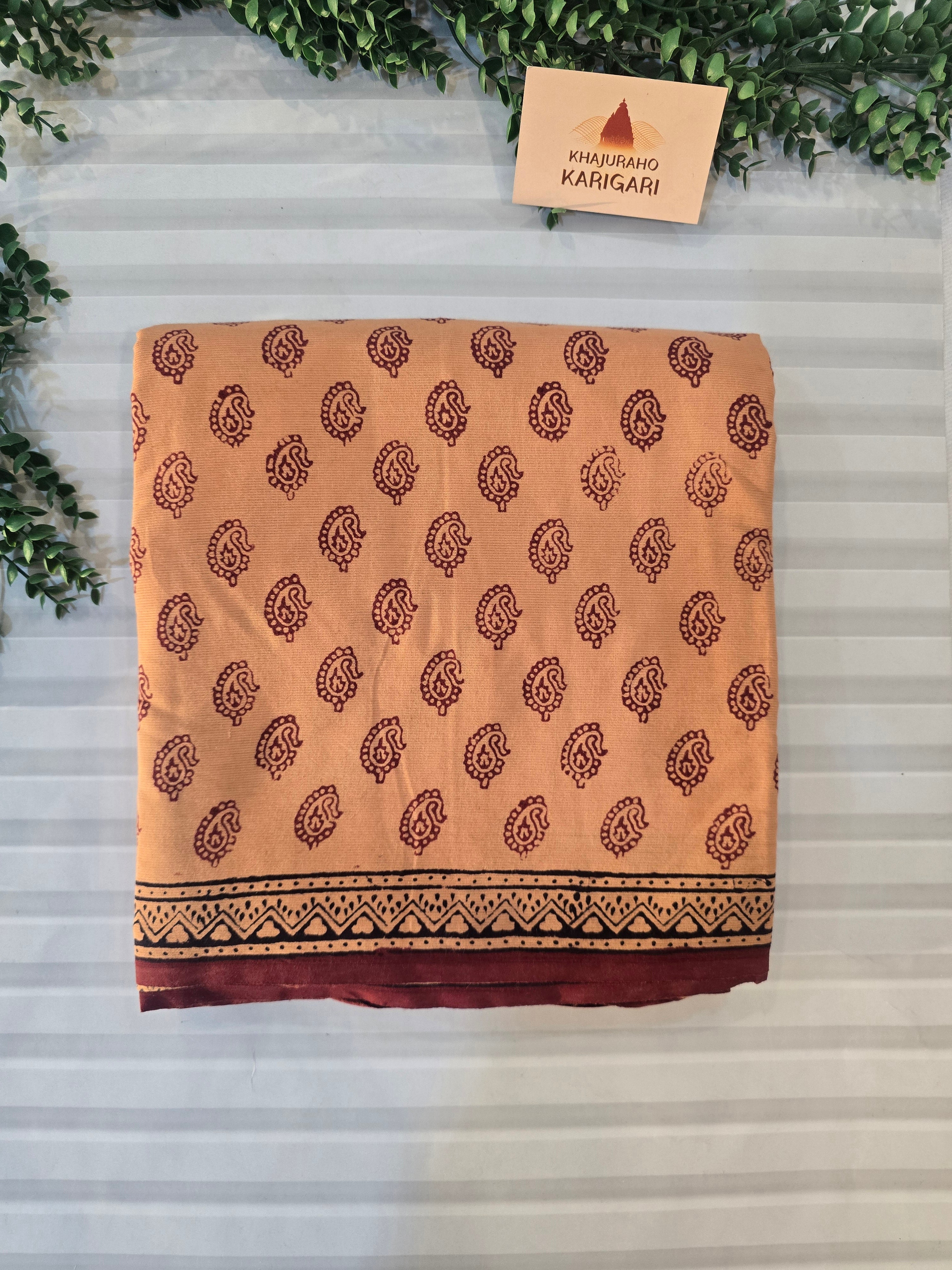Bagh Hand Block Print Mul Cotton Saree in Pastel Orange with Maroon Paisley Motifs
