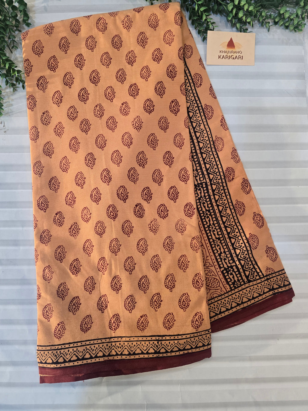 Bagh Hand Block Print Mul Cotton Saree in Pastel Orange with Maroon Paisley Motifs