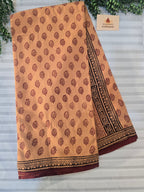 Bagh Hand Block Print Mul Cotton Saree in Pastel Orange with Maroon Paisley Motifs