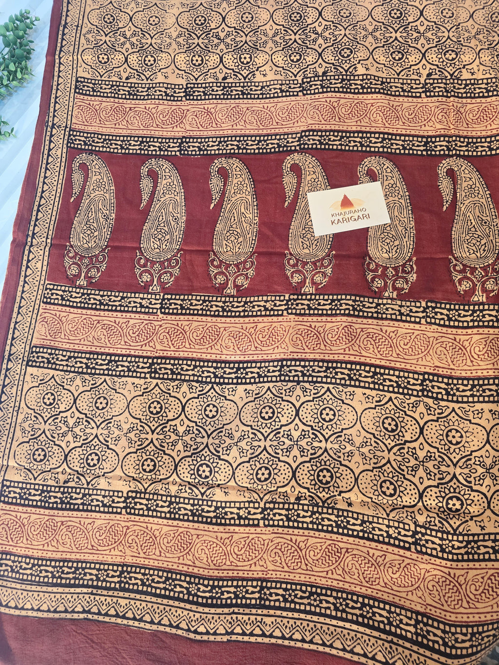 Bagh Hand Block Print Mul Cotton Saree in Pastel Orange with Maroon Paisley Motifs