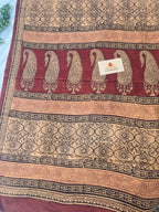 Bagh Hand Block Print Mul Cotton Saree in Pastel Orange with Maroon Paisley Motifs