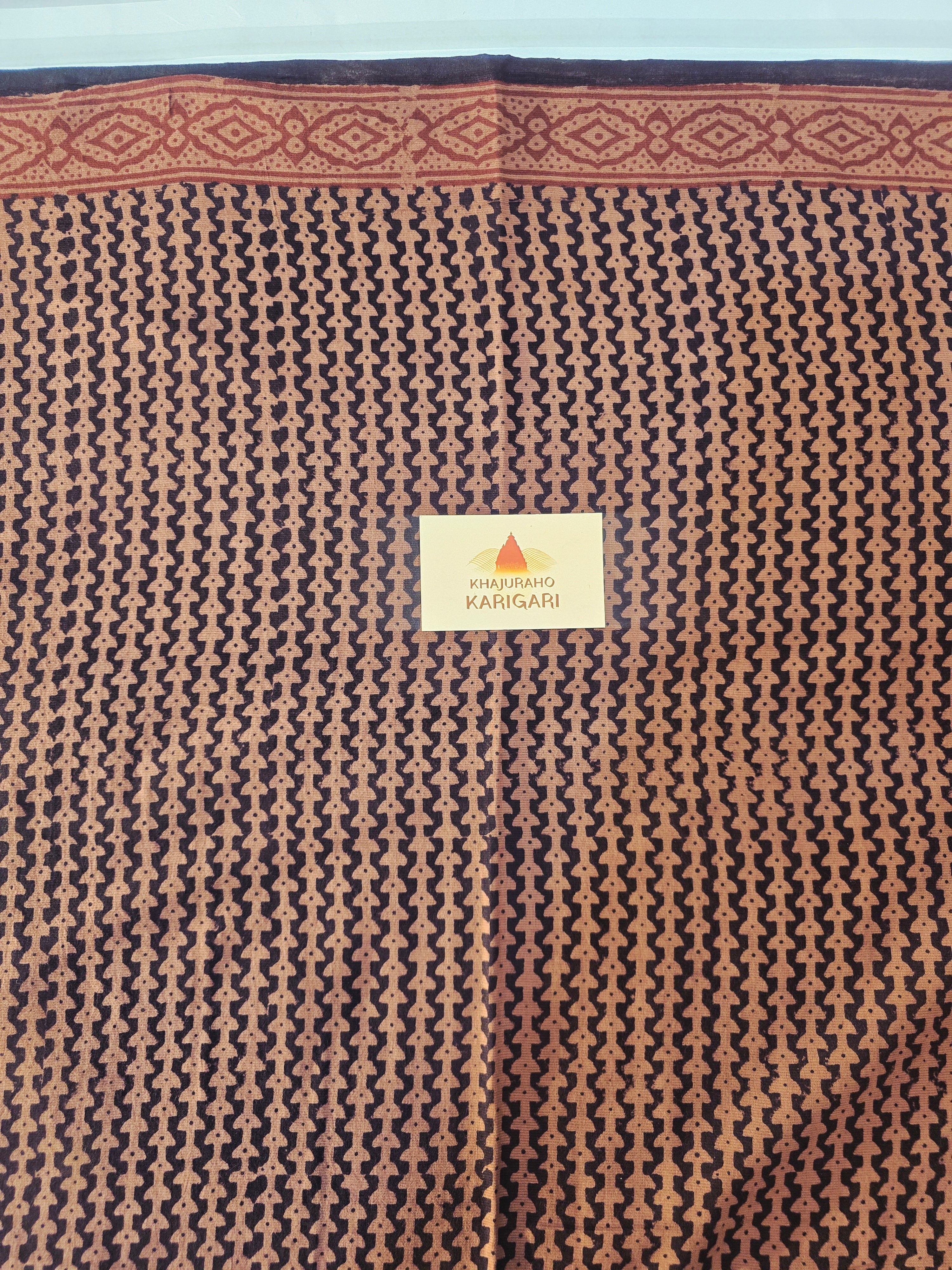 Bagh Hand Block Print Mul Cotton Saree in Rust & Black