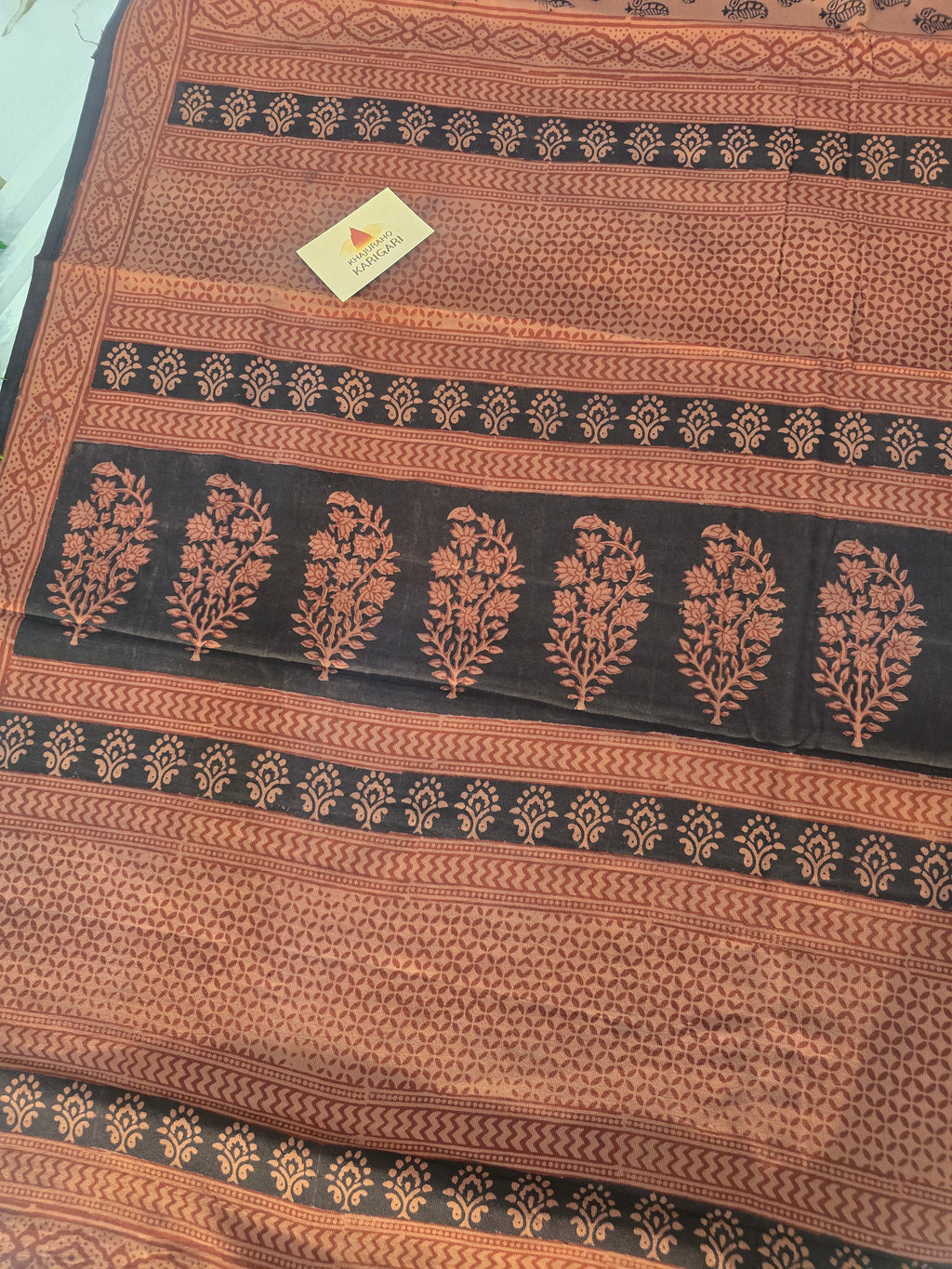 Bagh Hand Block Print Mul Cotton Saree in Rust & Black