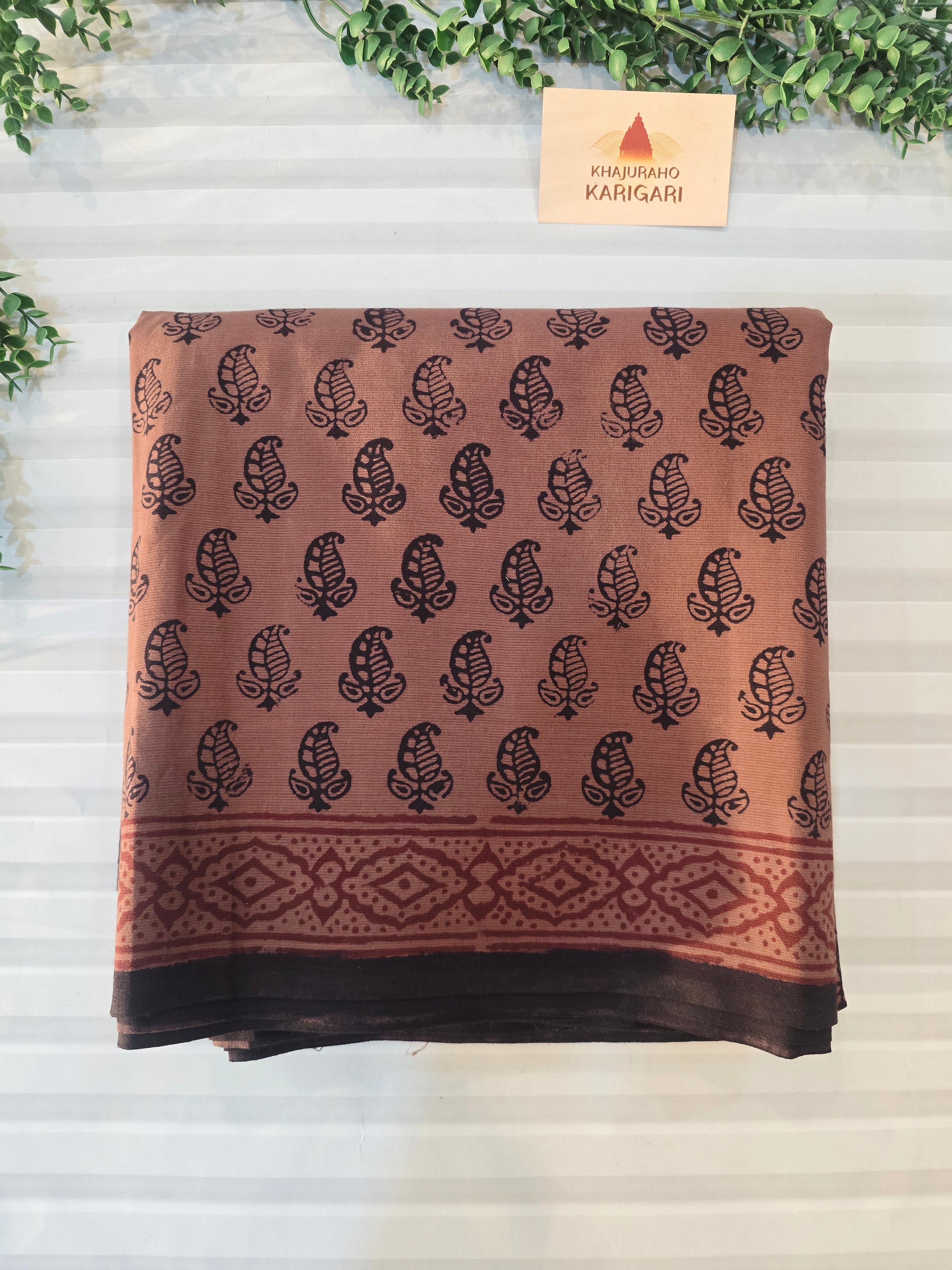 Bagh Hand Block Print Mul Cotton Saree in Rust & Black