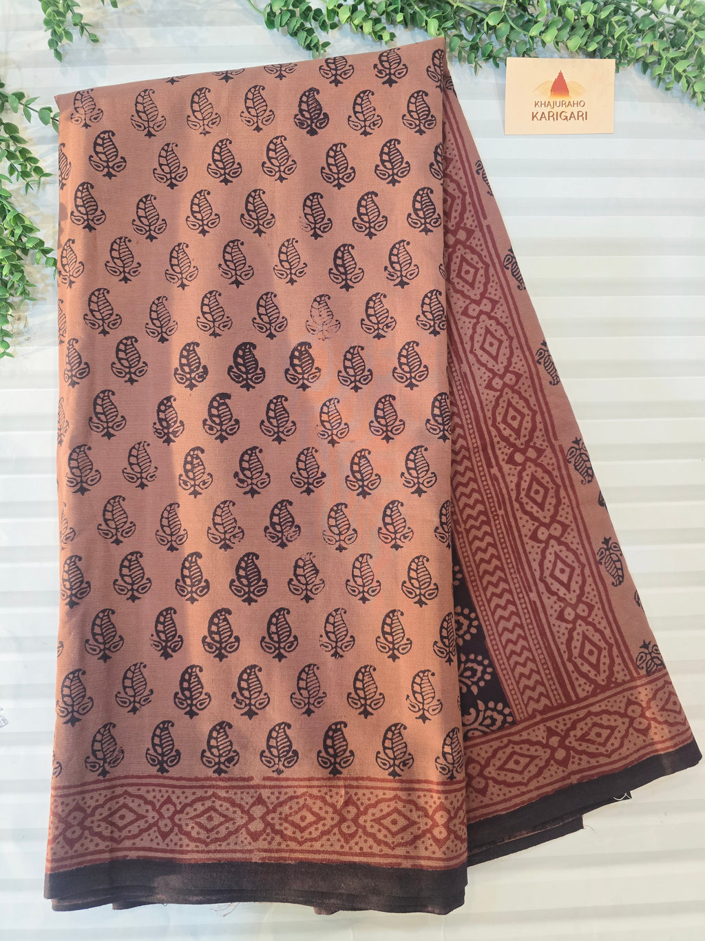 Bagh Hand Block Print Mul Cotton Saree in Rust & Black