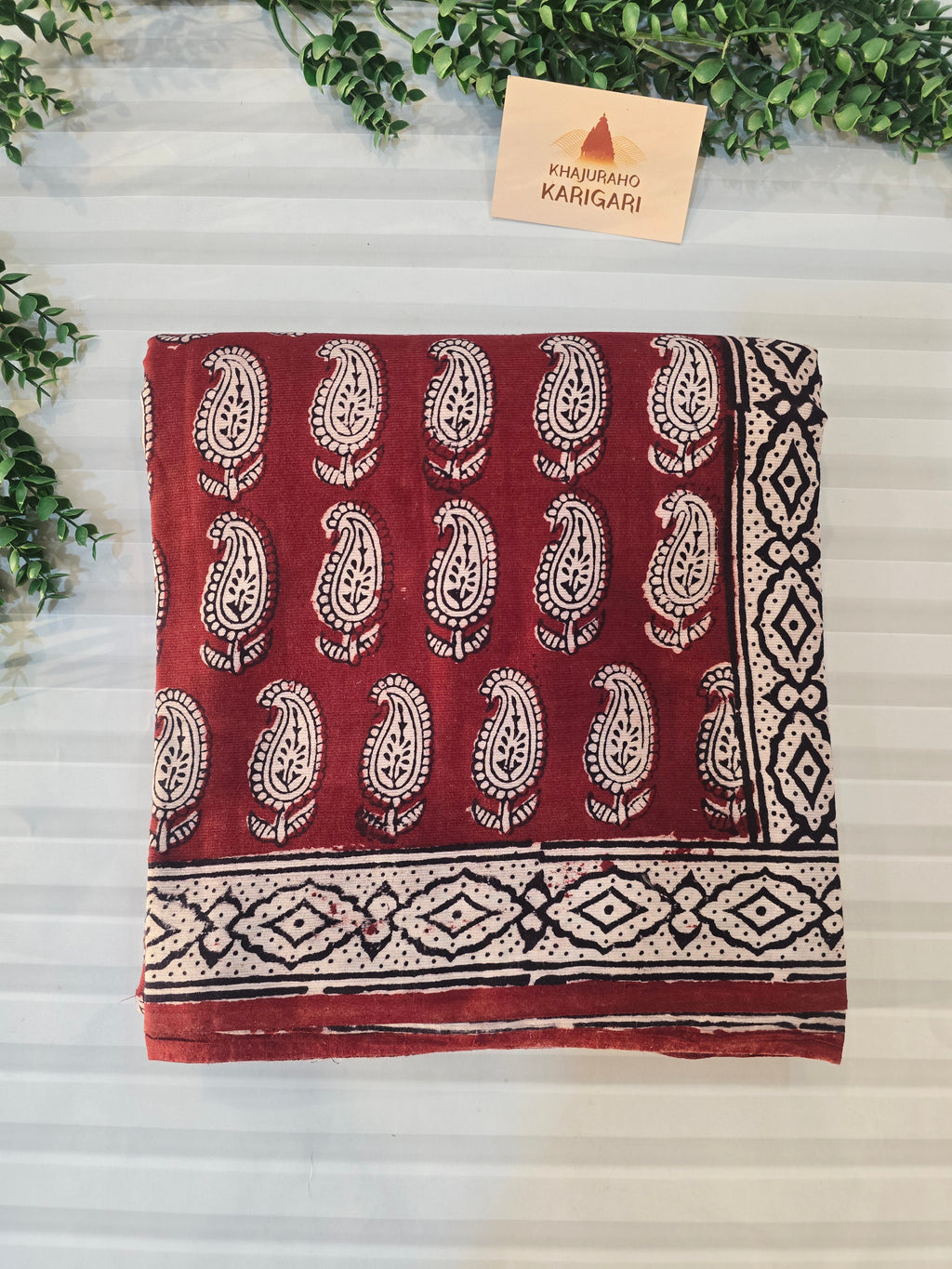 Bagh Hand Block Print Mul Cotton Saree – Rustic Red and White
