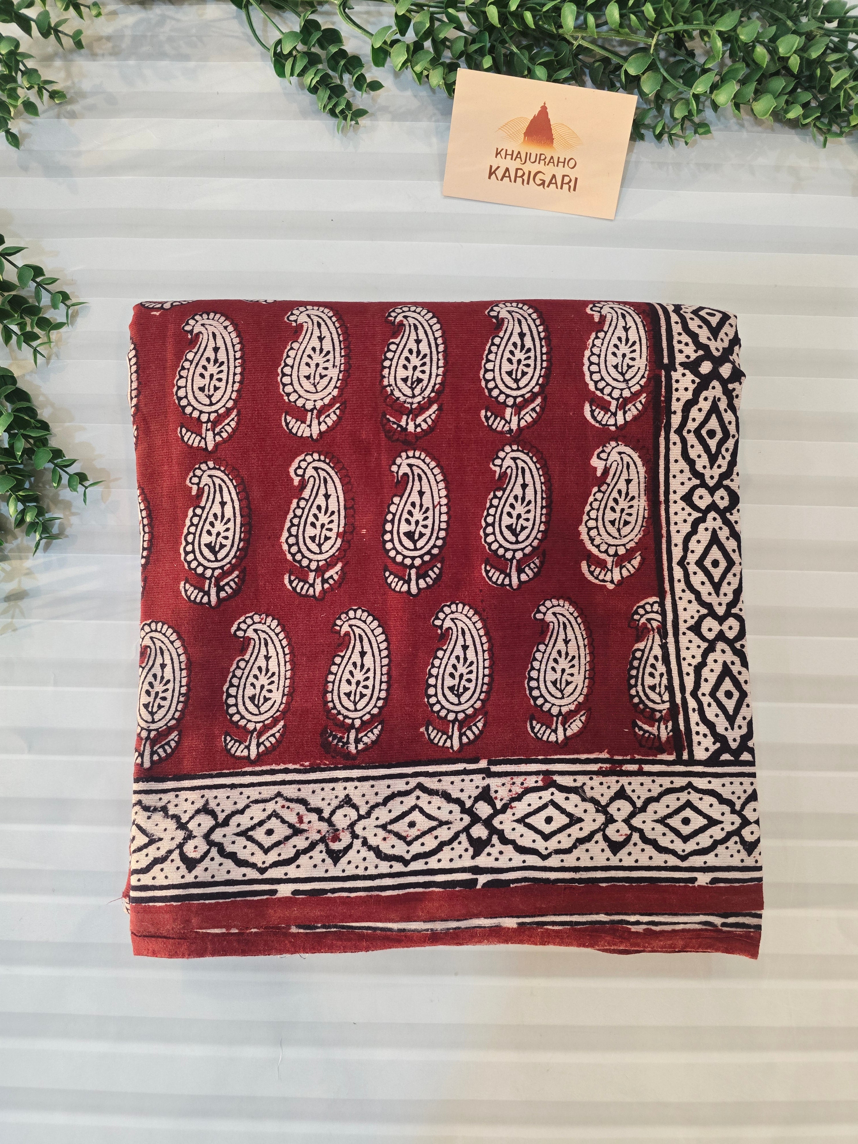 Bagh Hand Block Print Mul Cotton Saree – Rustic Red and White