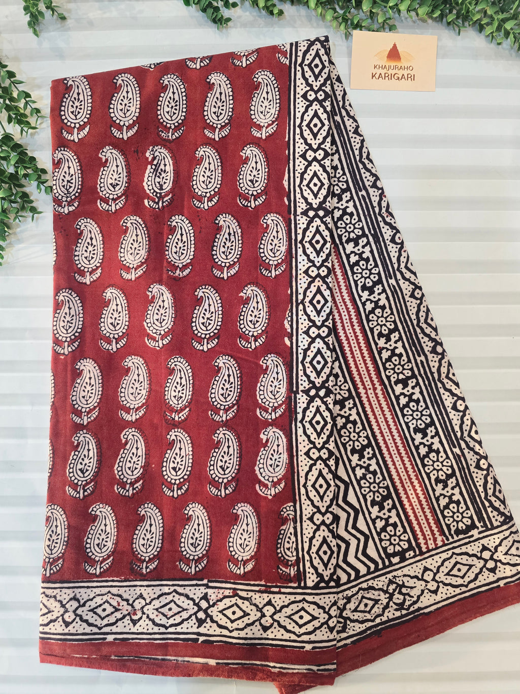 Bagh Hand Block Print Mul Cotton Saree – Rustic Red and White
