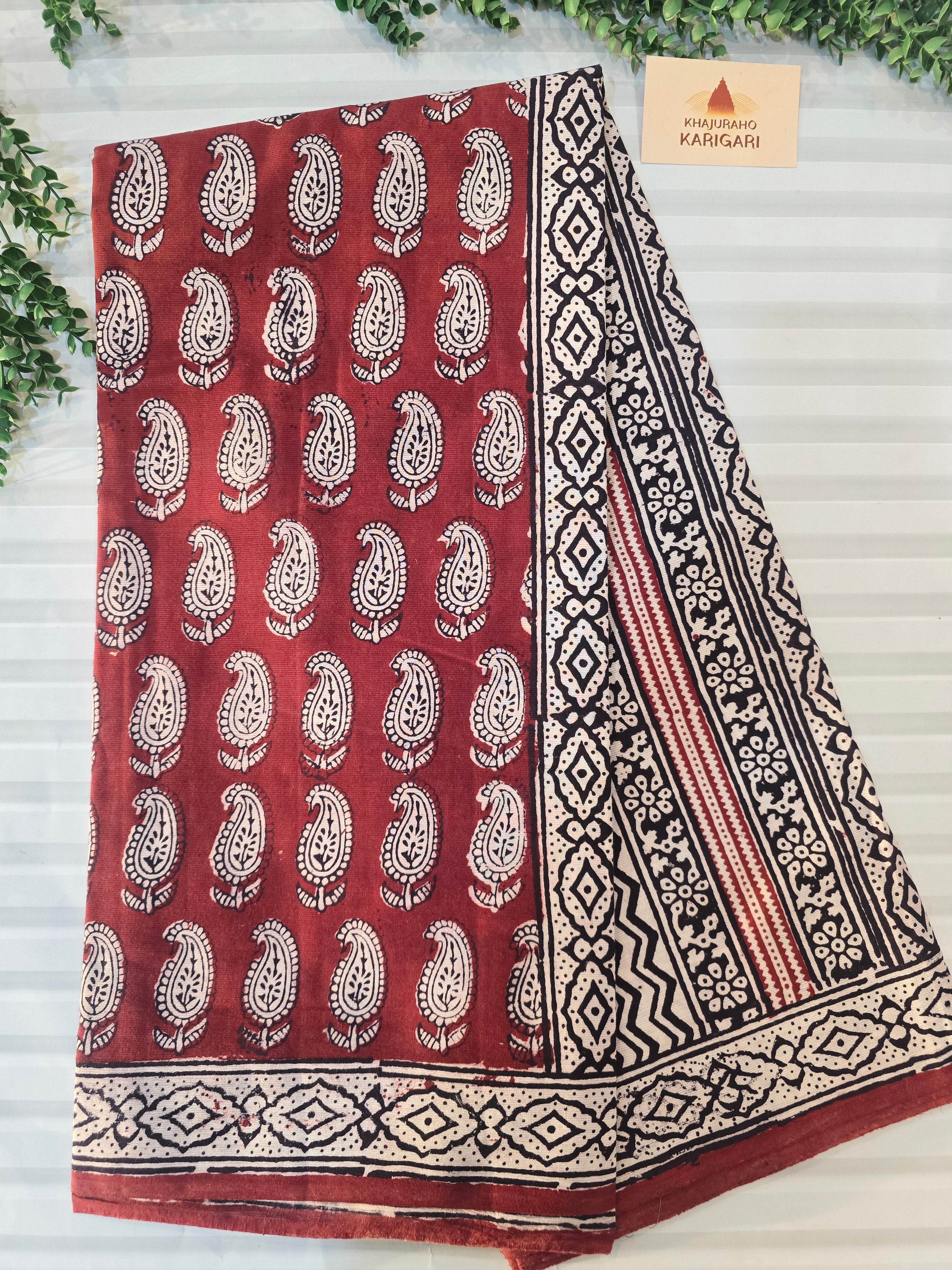 Bagh Hand Block Print Mul Cotton Saree – Rustic Red and White