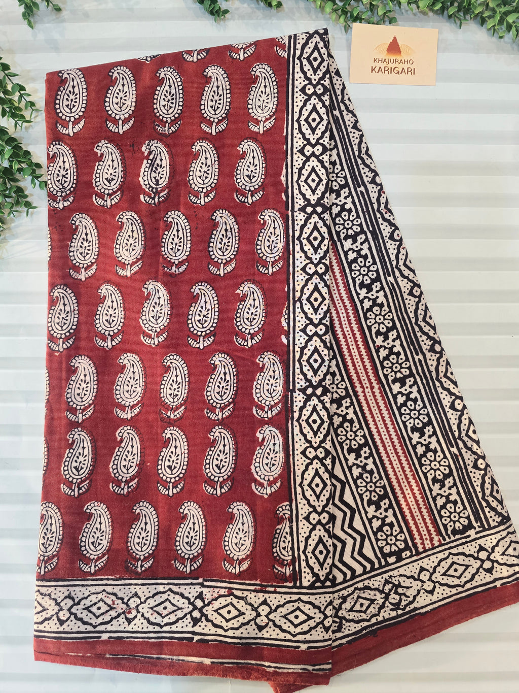 Bagh Hand Block Print Mul Cotton Saree – Rustic Red and White