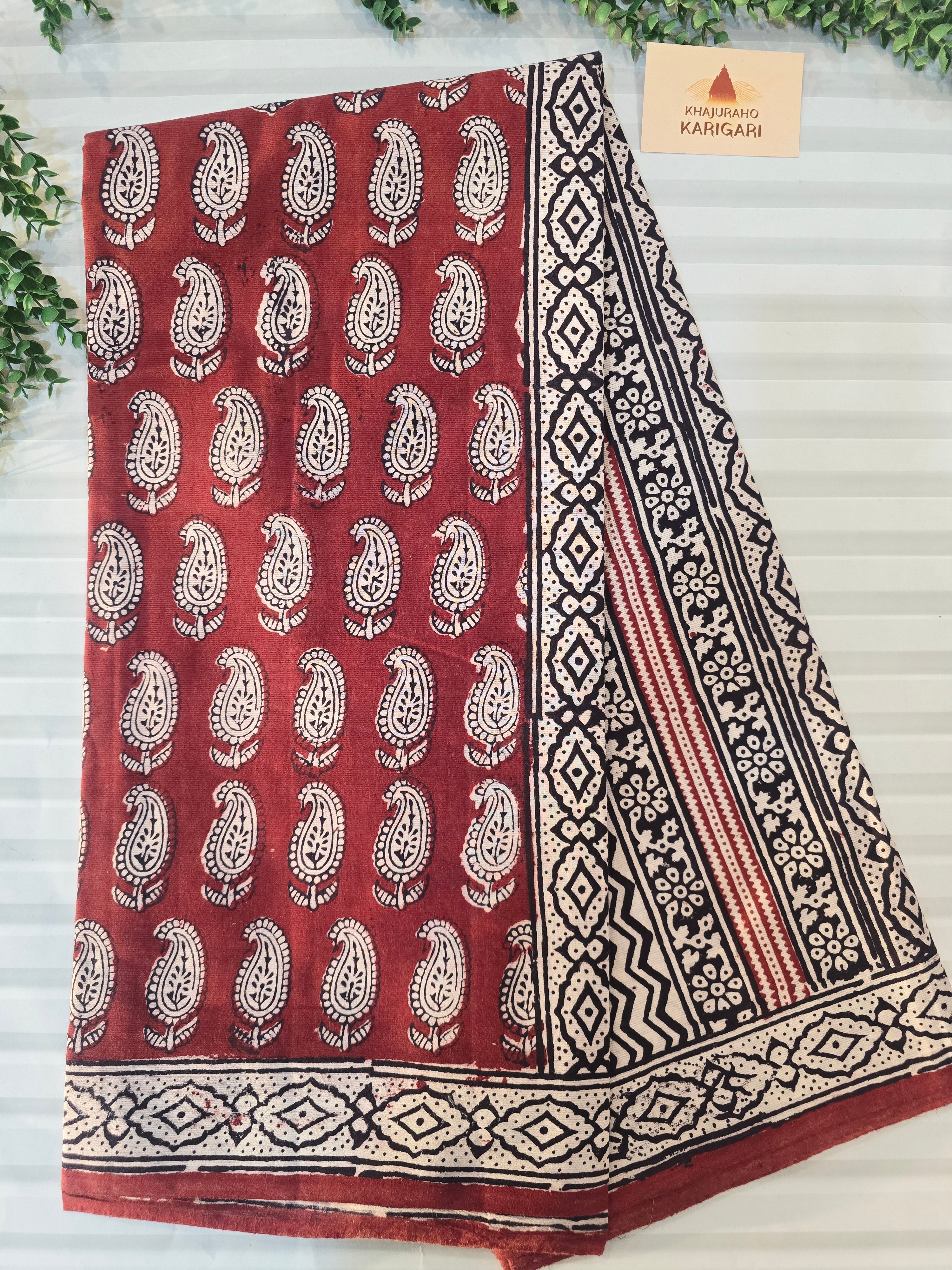 Bagh Hand Block Print Mul Cotton Saree – Rustic Red and White