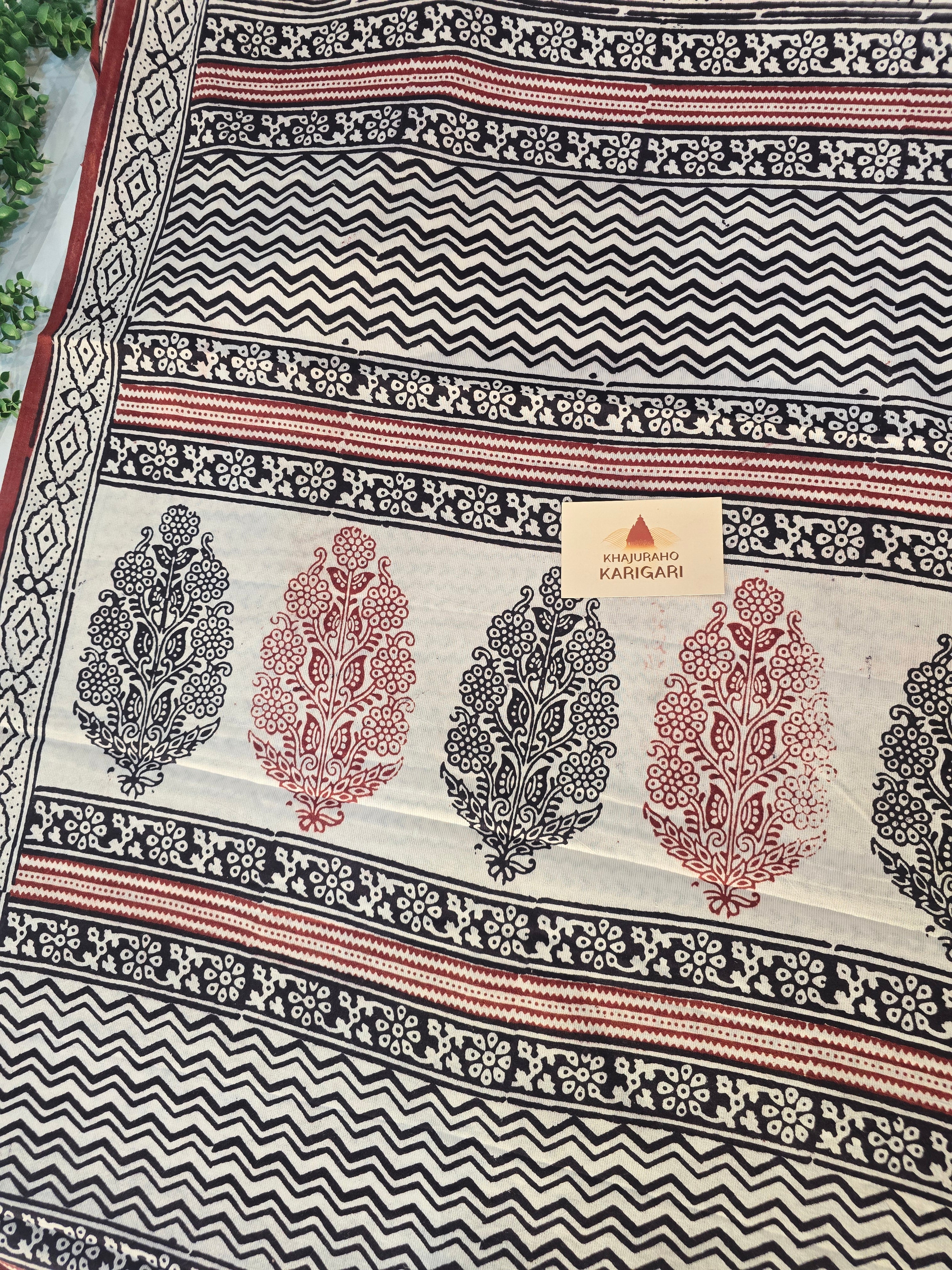 Bagh Hand Block Print Mul Cotton Saree – Rustic Red and White