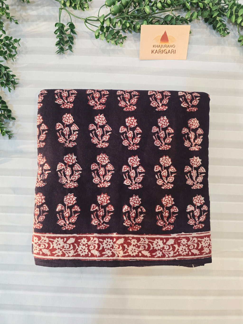 Bagh Hand Block Print Mul Cotton Saree – Rustic Red and Black