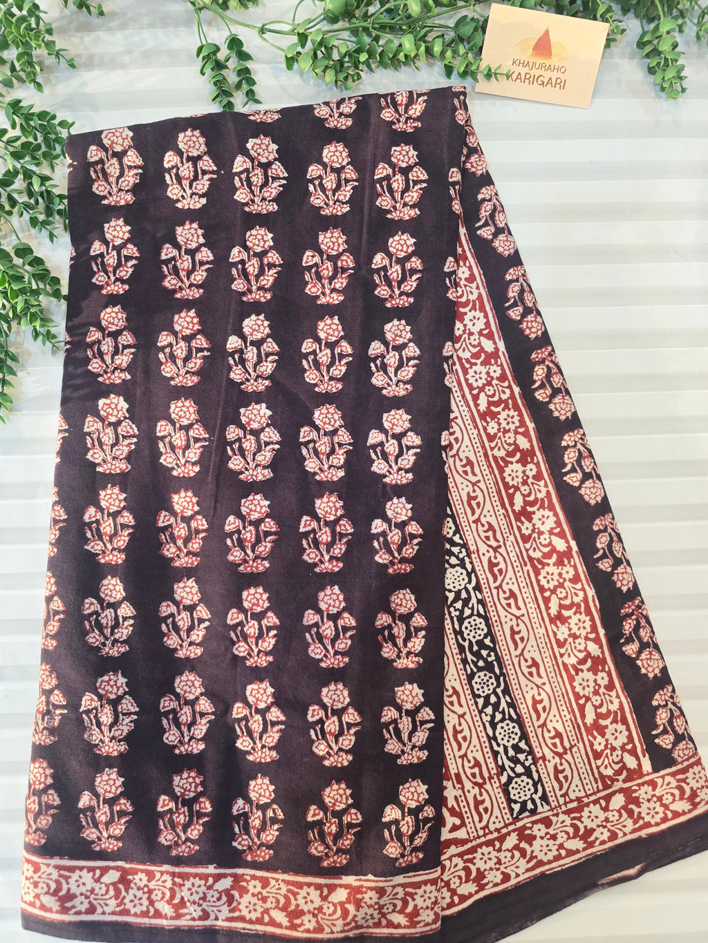 Bagh Hand Block Print Mul Cotton Saree – Rustic Red and Black
