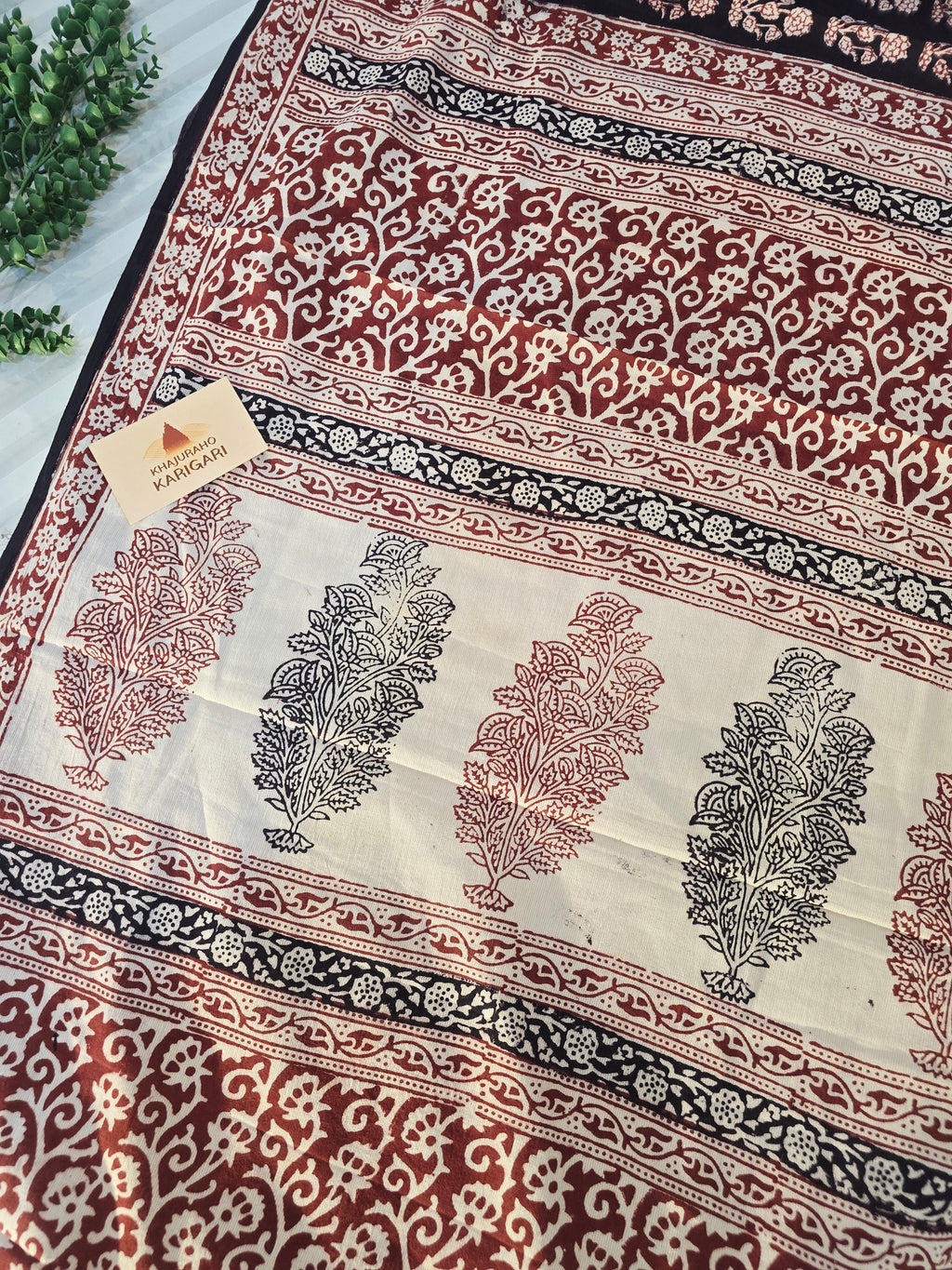 Bagh Hand Block Print Mul Cotton Saree – Rustic Red and Black
