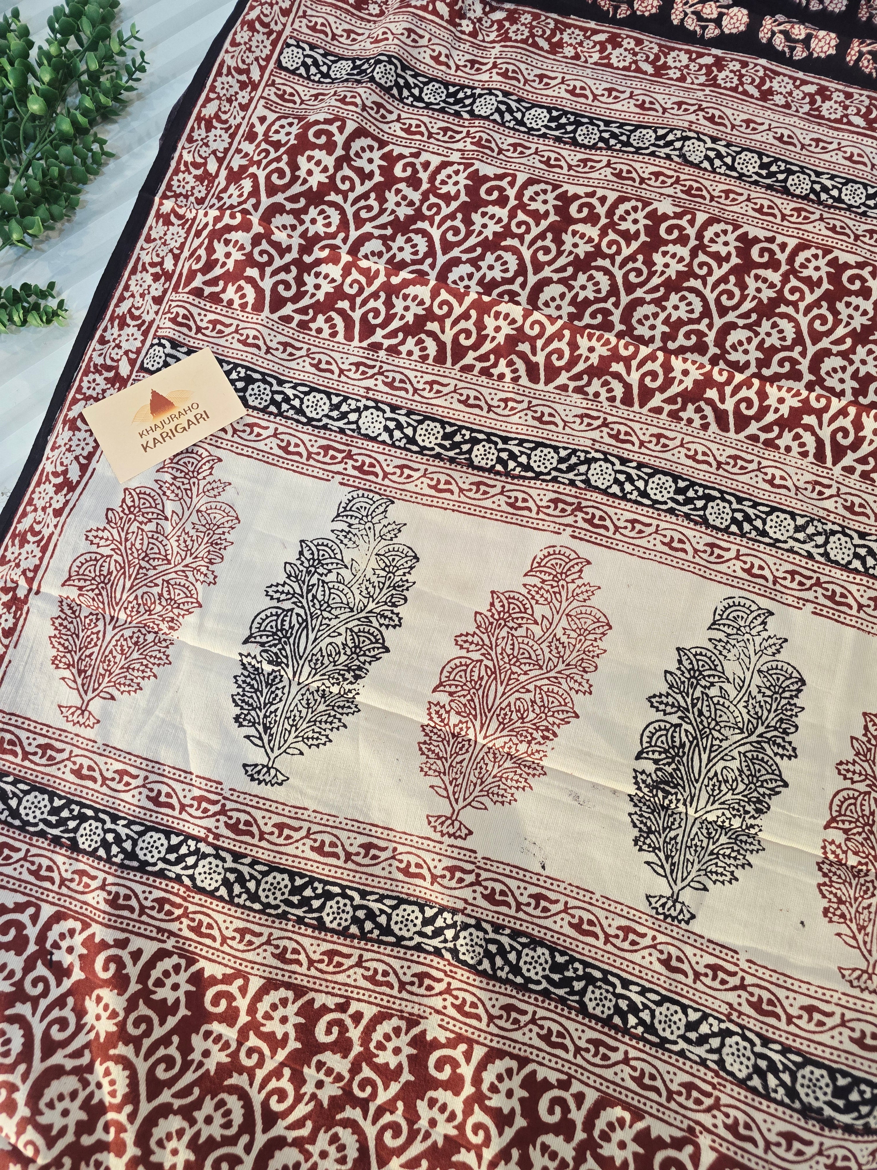 Bagh Hand Block Print Mul Cotton Saree – Rustic Red and Black