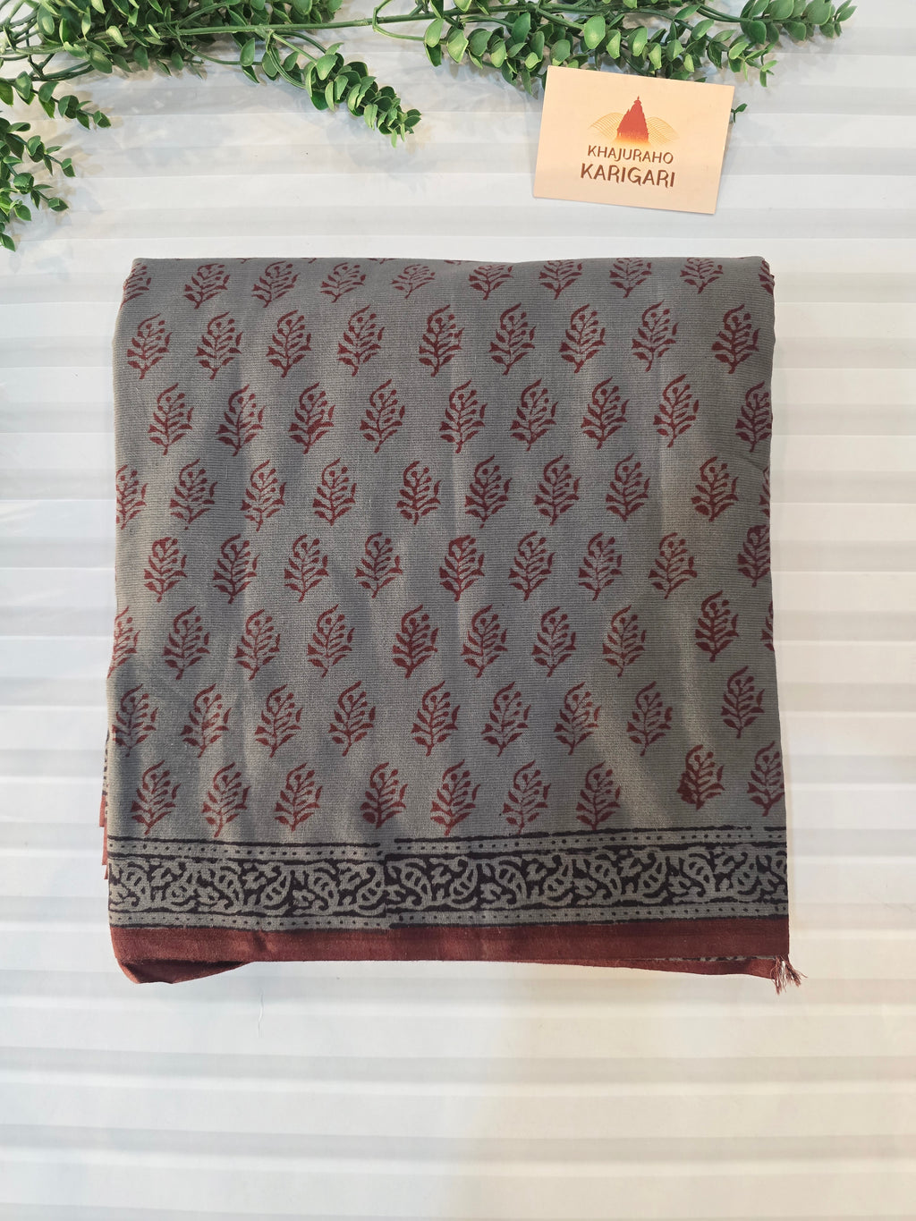 Bagh Hand Block Print Mul Cotton Saree – Gray and Maroon