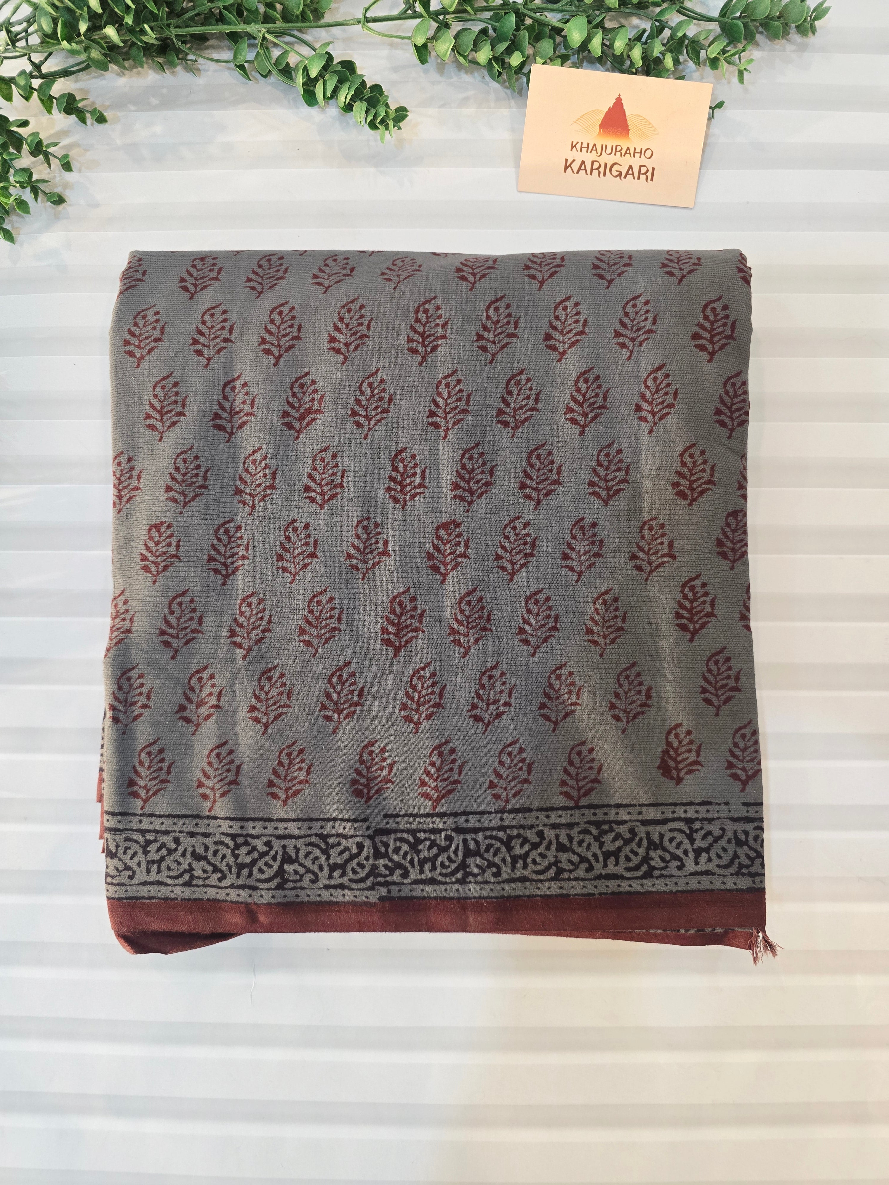 Bagh Hand Block Print Mul Cotton Saree – Gray and Maroon