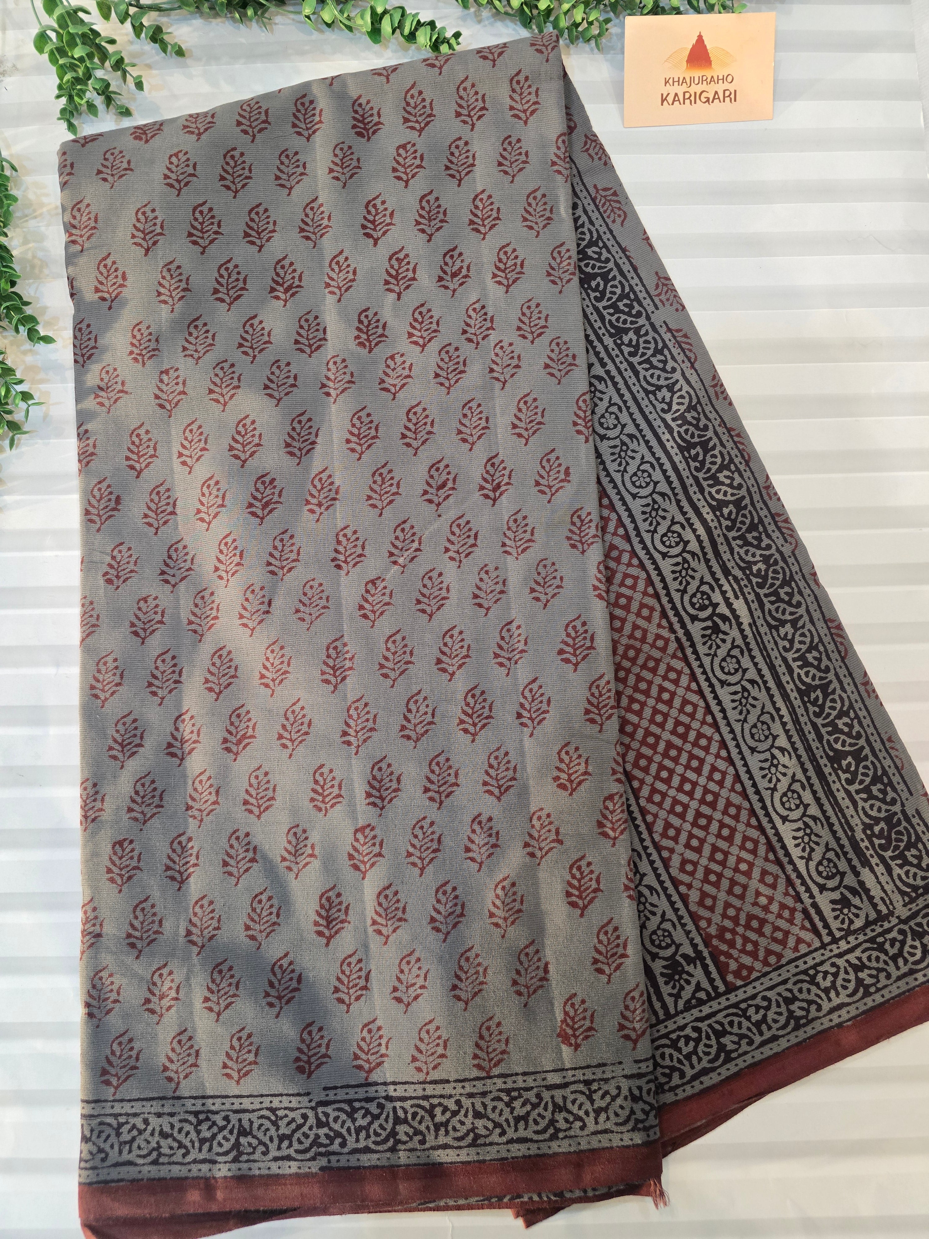 Bagh Hand Block Print Mul Cotton Saree – Gray and Maroon
