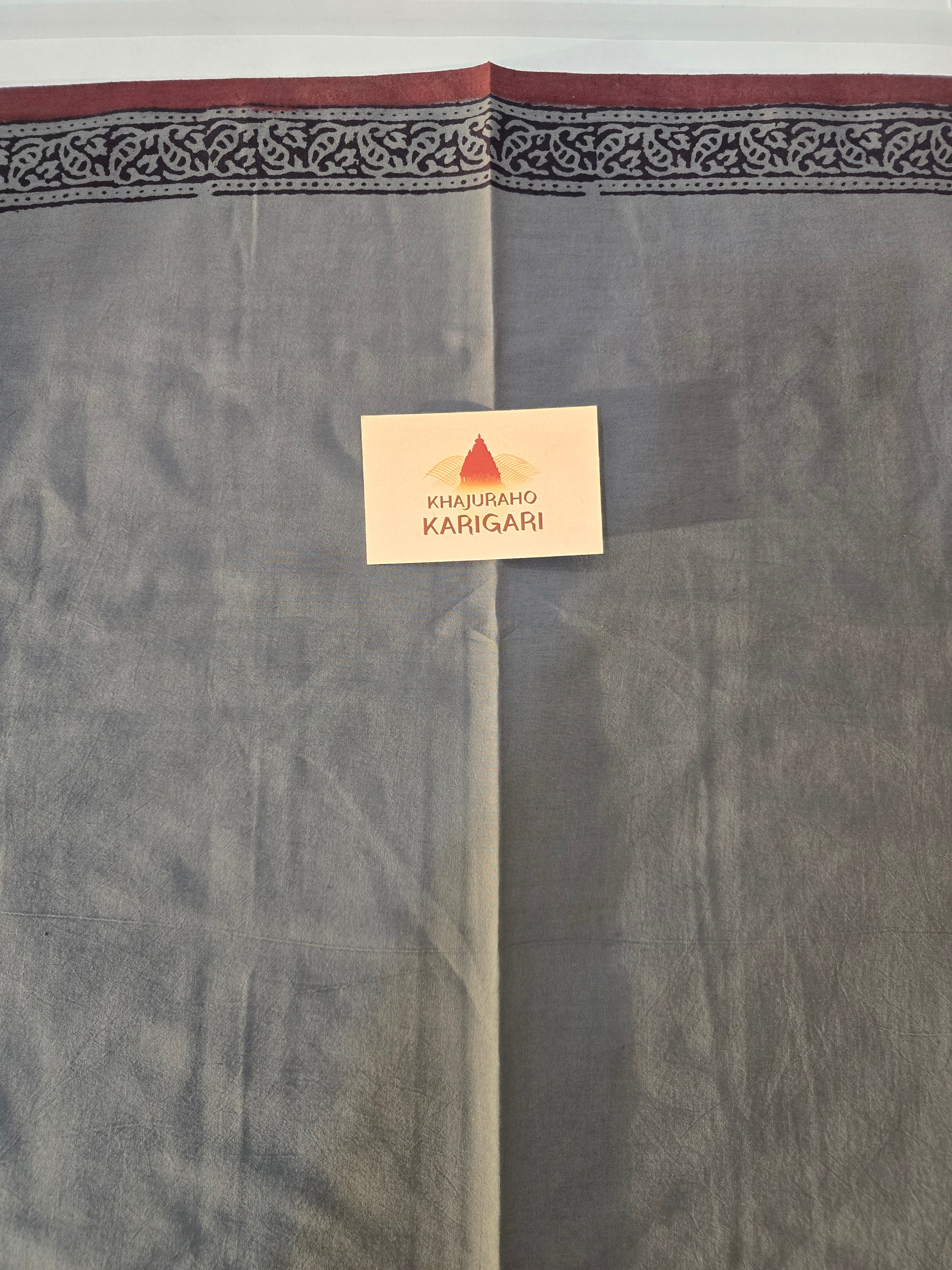 Bagh Hand Block Print Mul Cotton Saree – Gray and Maroon