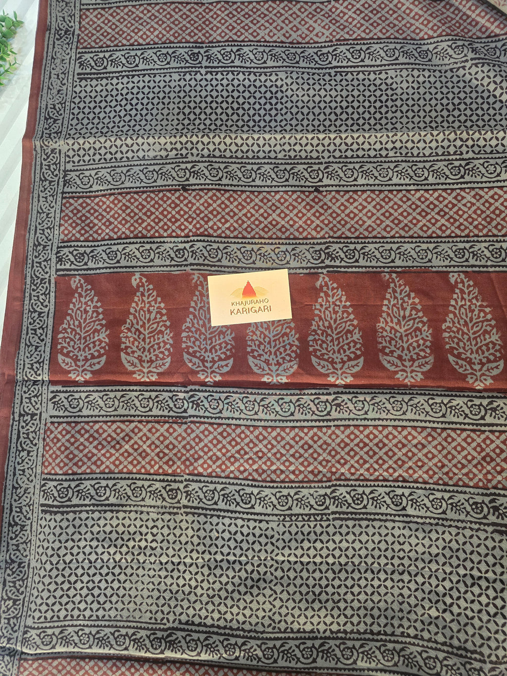 Bagh Hand Block Print Mul Cotton Saree – Gray and Maroon