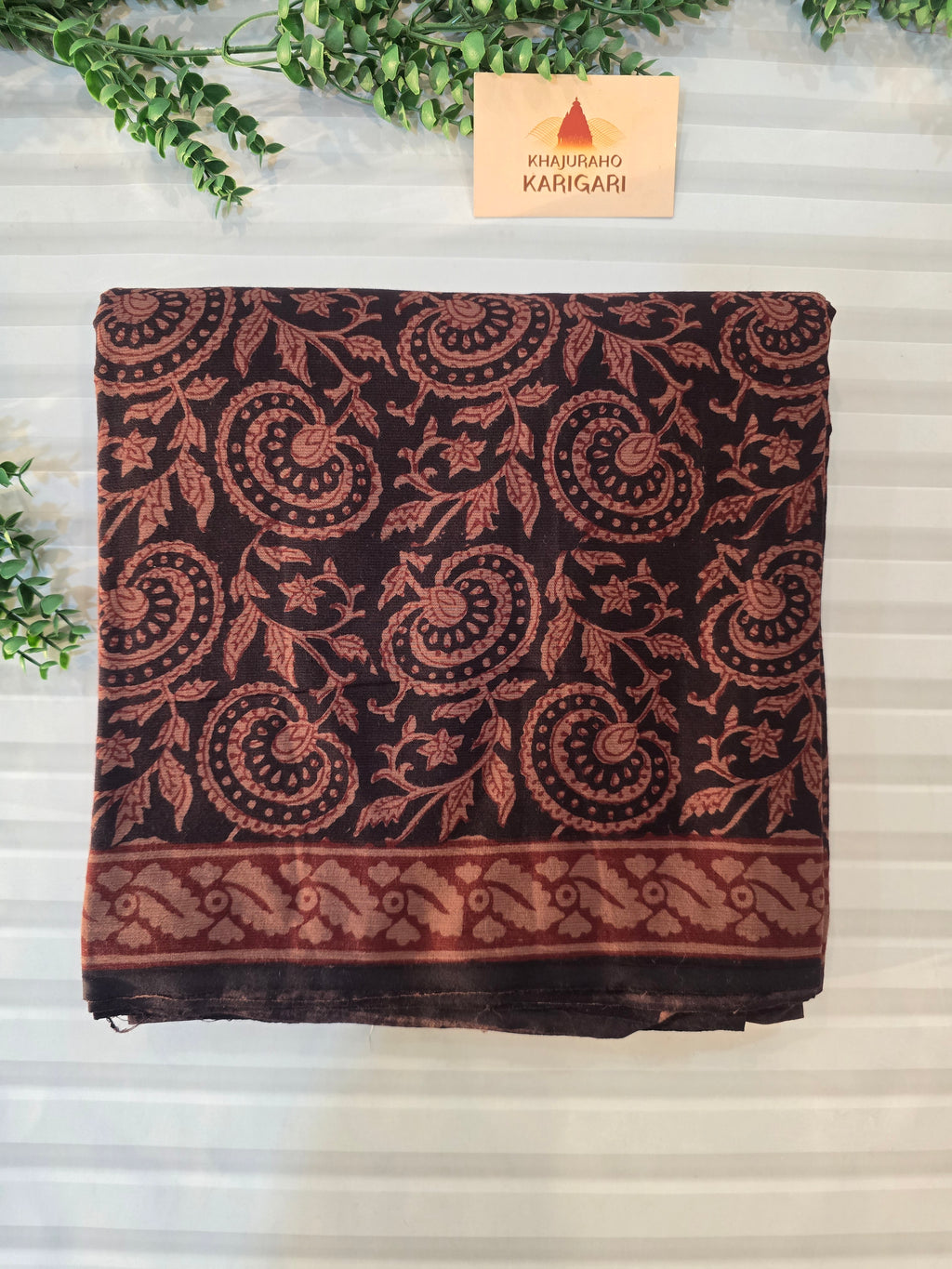 Bagh Hand Block Print Mul Cotton Saree in Black with Rust Floral Jaal Motifs